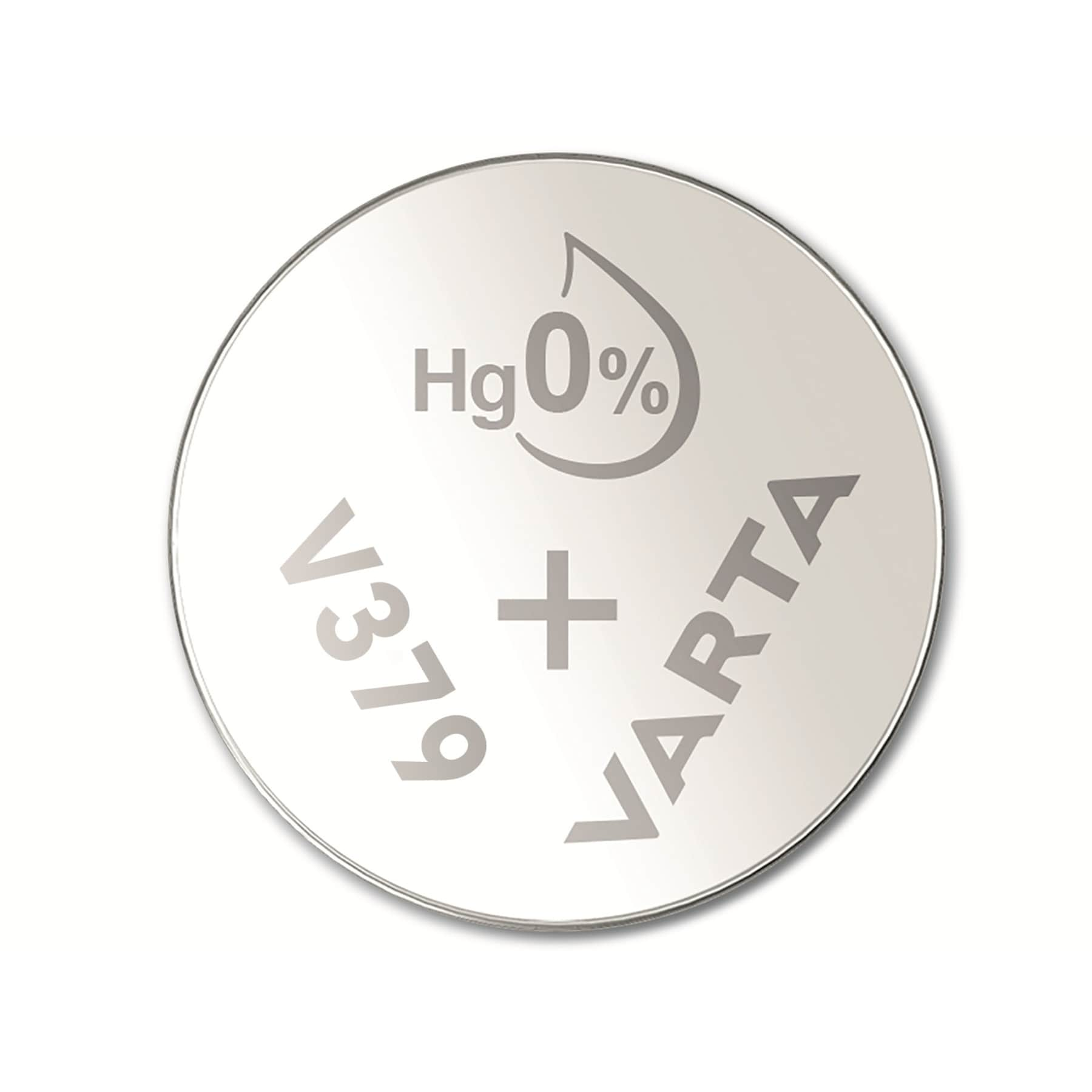 Srebrna bateria Varta z oznaczeniem Hg0%. Tekst V1319.