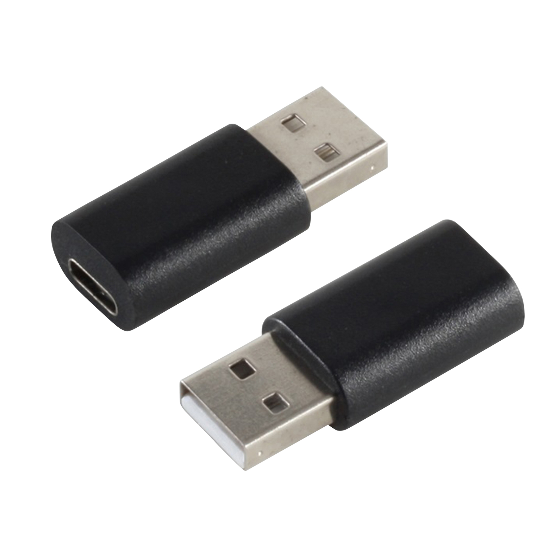 Zwei schwarze USB-zu-USB-C-Adapter.
