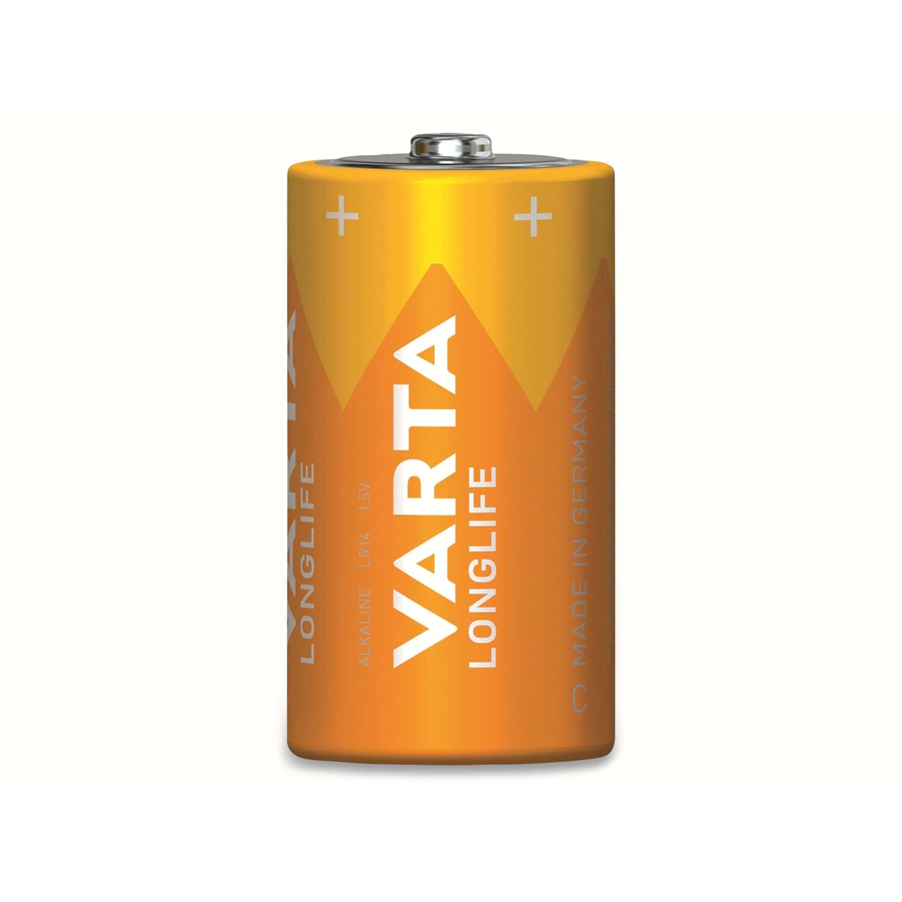 Bateria Varta Longlife w kolorach pomarańczowym i żółtym.
