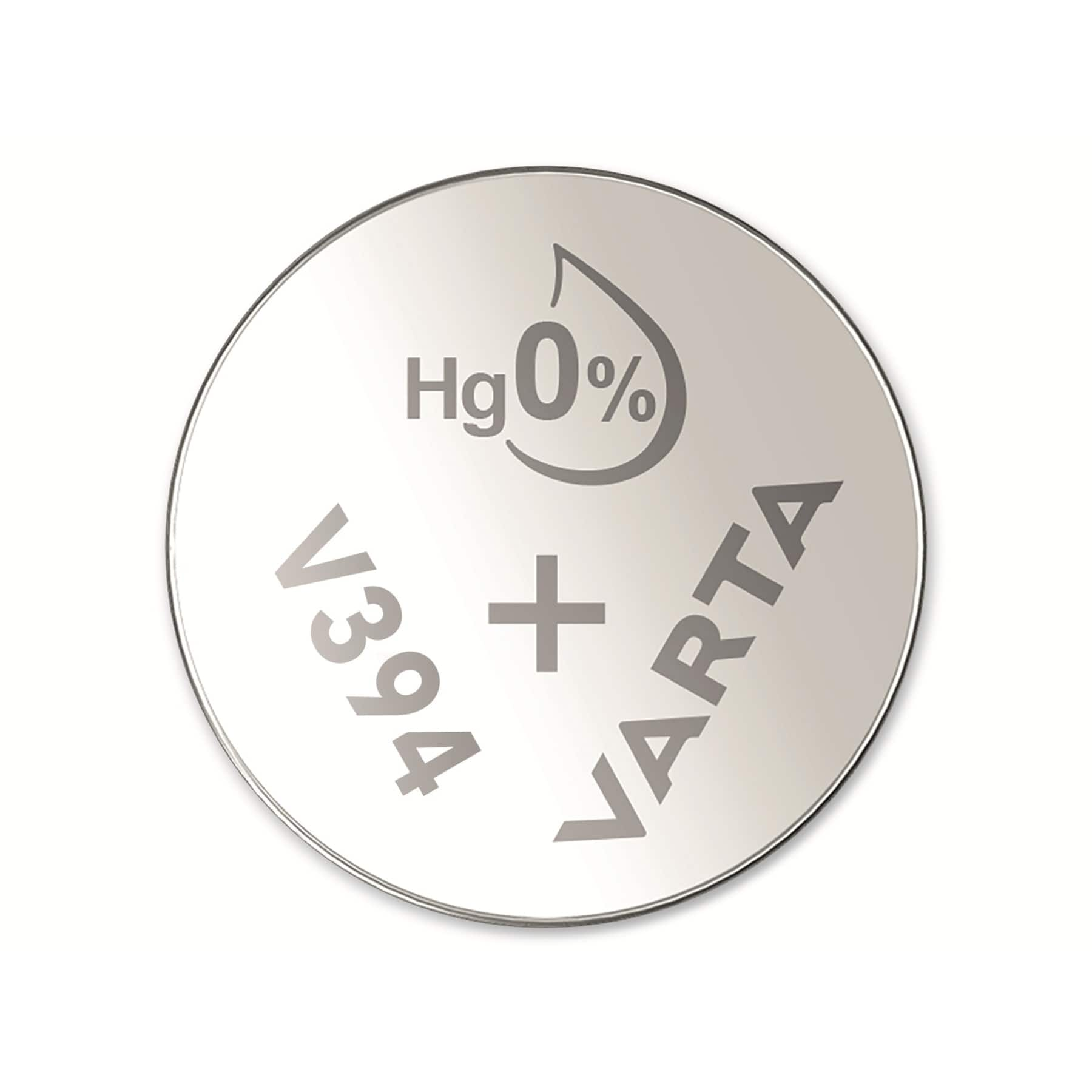 Una batteria rotonda e argentata con testo e simboli, tra cui VARTA e Hg0%.