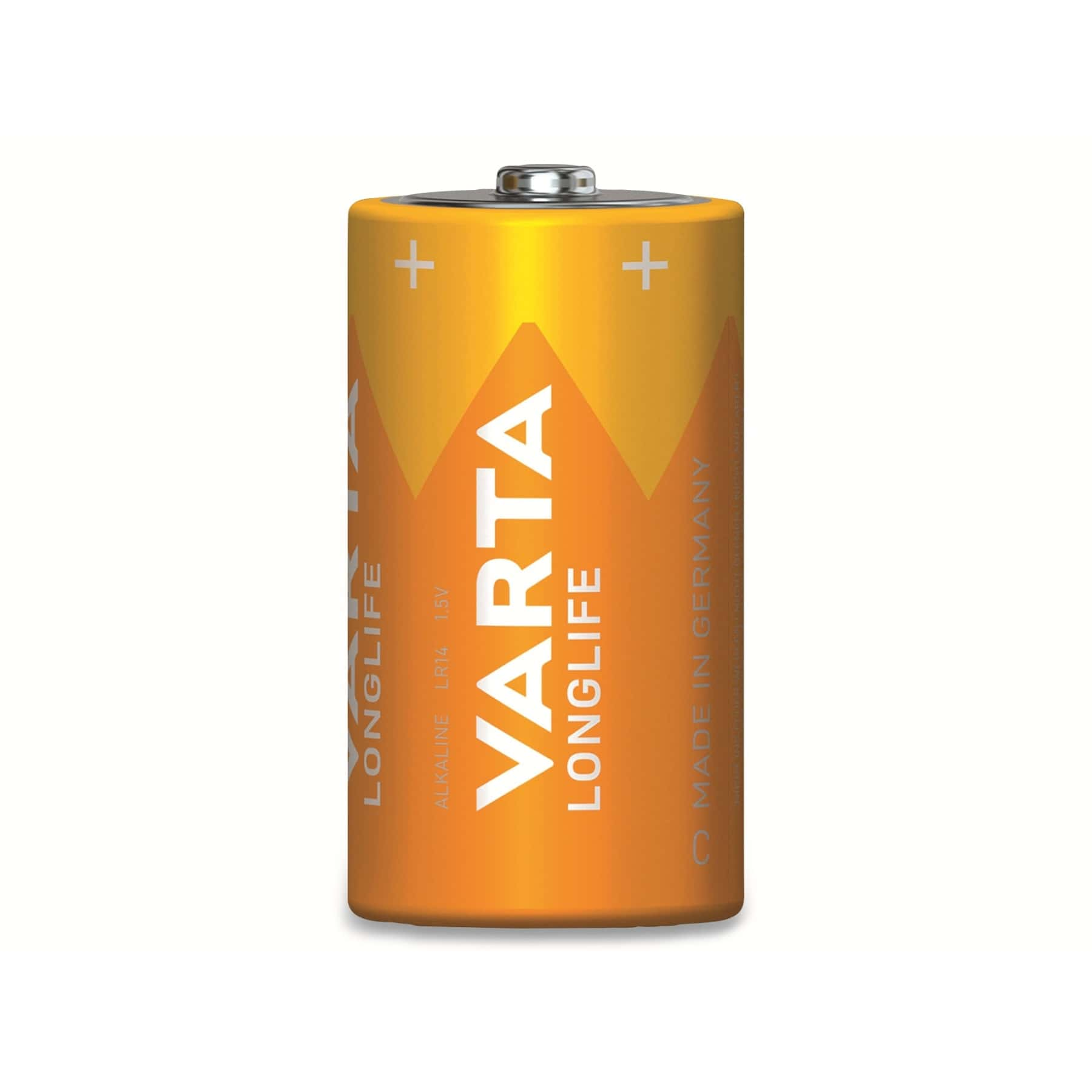 Orangefarbene Varta-Batterie mit weißem und orangefarbenem Text auf weißem Hintergrund.