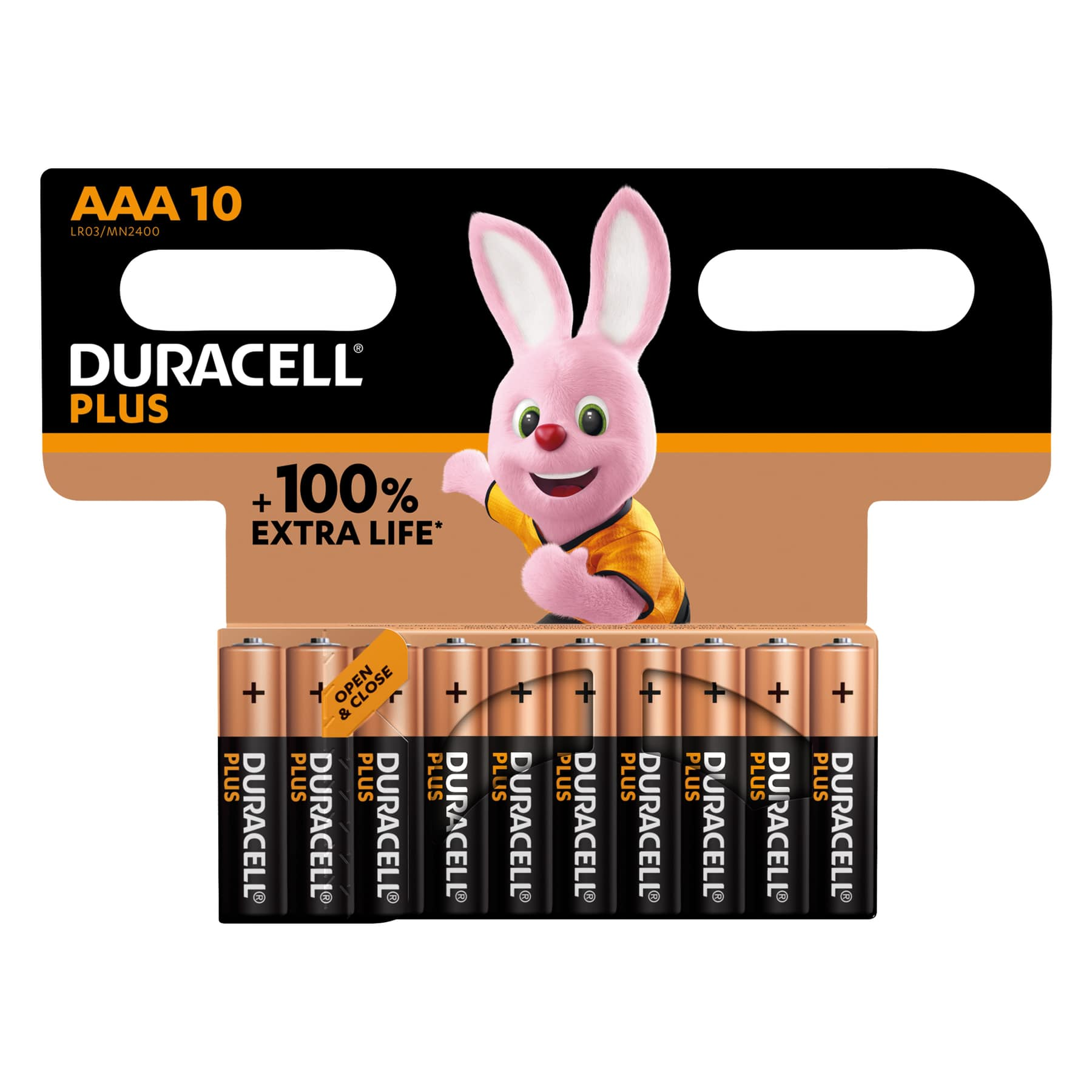 Confezione di batterie Duracell Plus AAA, con un'illustrazione di un coniglietto rosa.