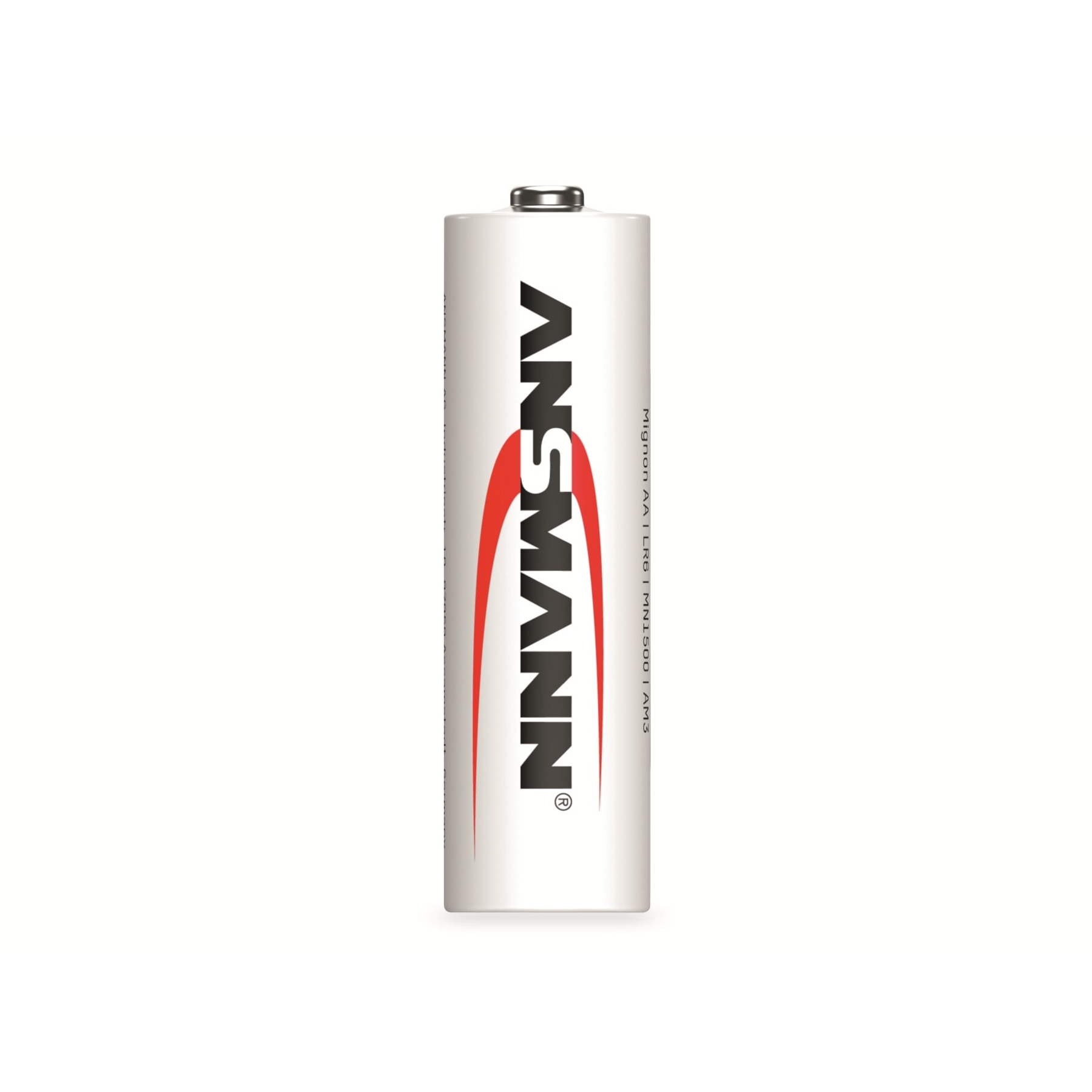 Eine weiße AA-Batterie mit schwarzem ANSMANN-Text.