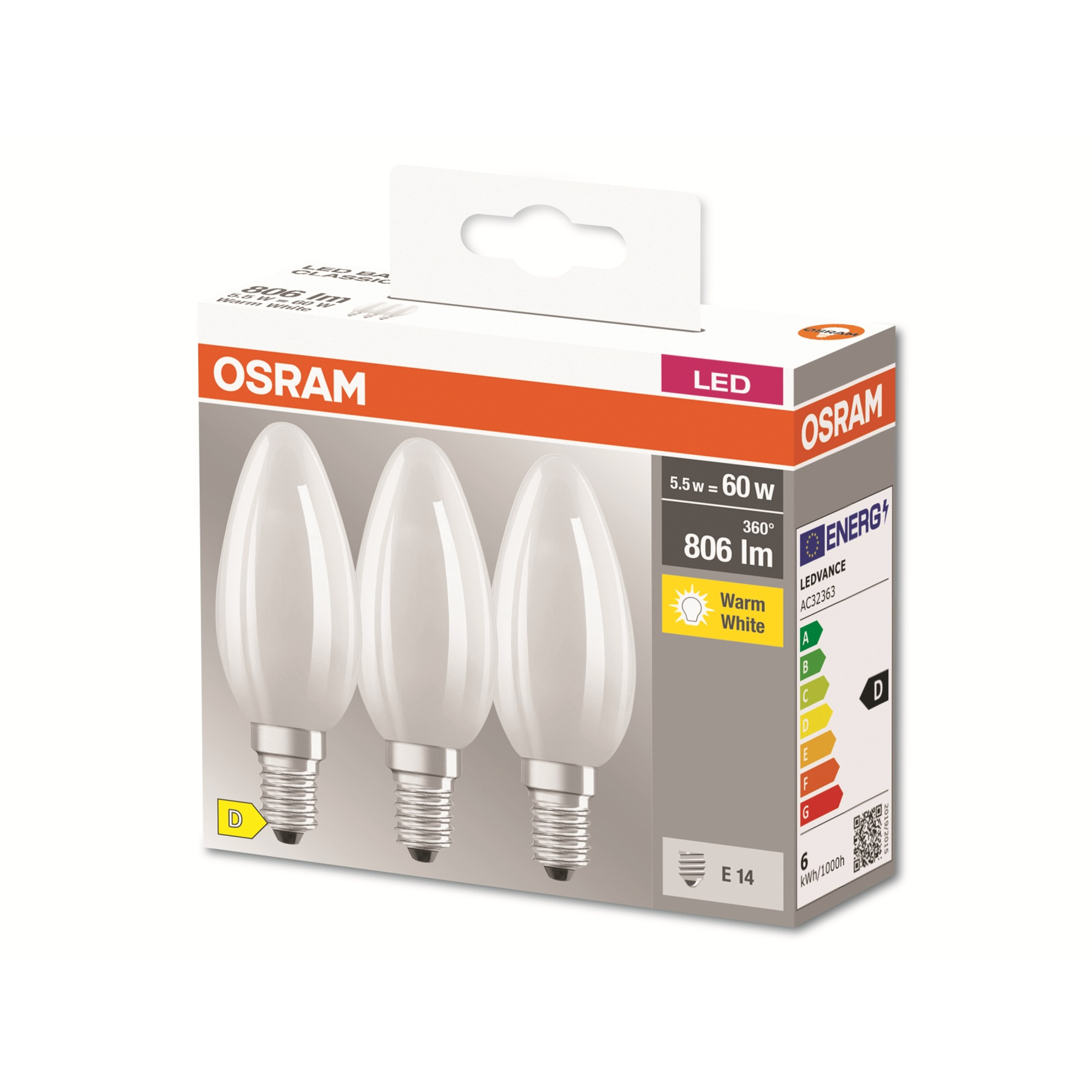 Drei weiße LED-Glühbirnen in der Verpackung. Die Marke ist OSRAM. Die Verpackung ist weiß und orange.