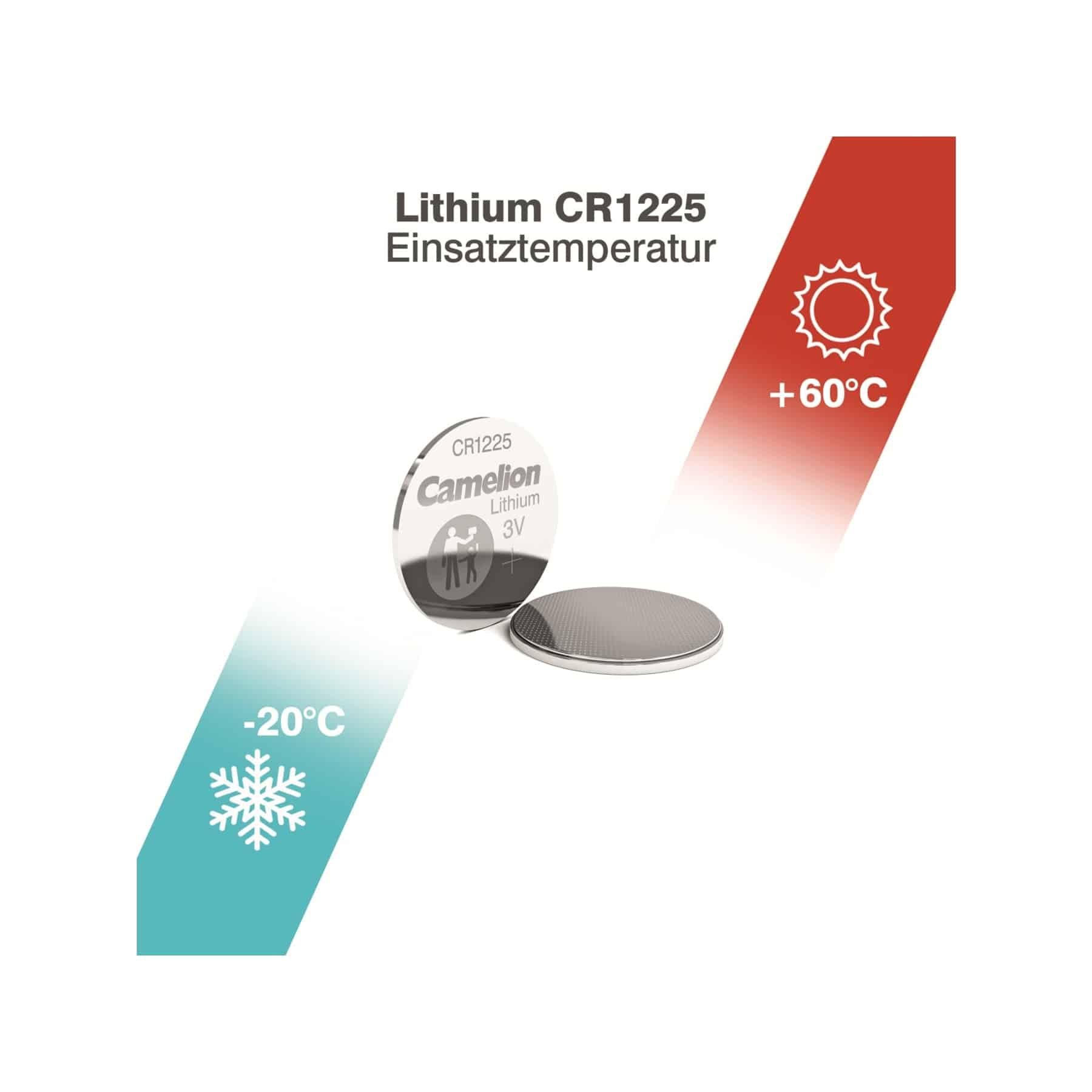 Due batterie CR1225 Camelion. Una in piedi e una piatta, con indicatori di temperatura.
