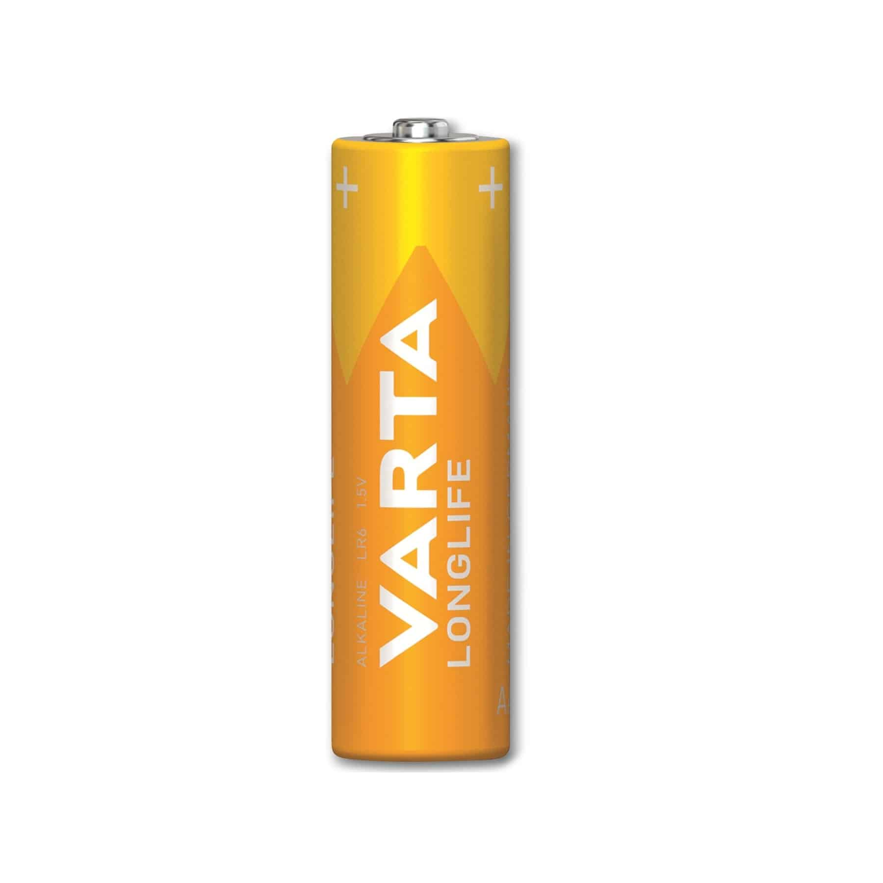 A yellow VARTA Longlife AA battery with a white VARTA logo and black text.