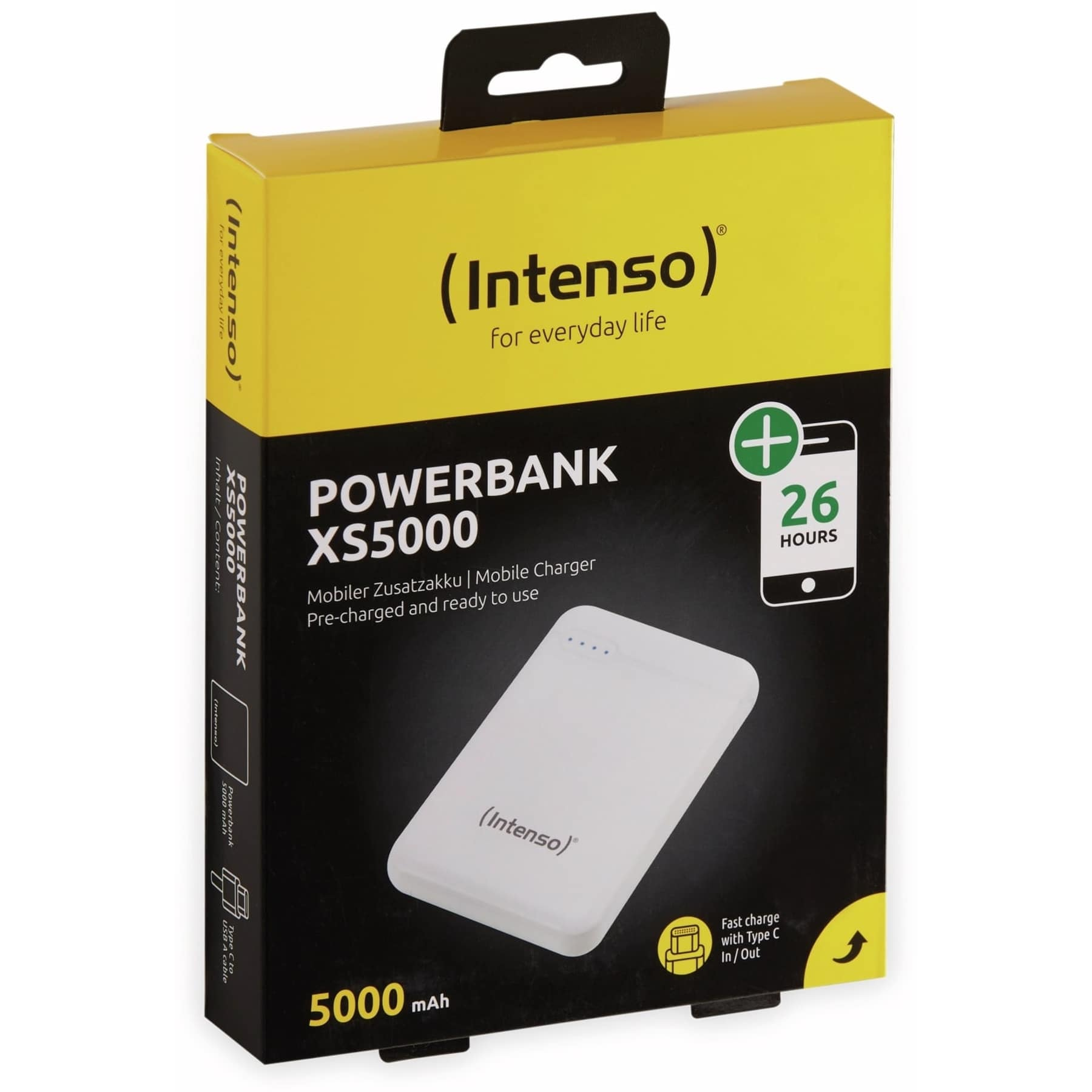 Powerbank doos, witte powerbank binnenin. Tekst: 'POWERBANK XS5000' en '26 UUR'.
