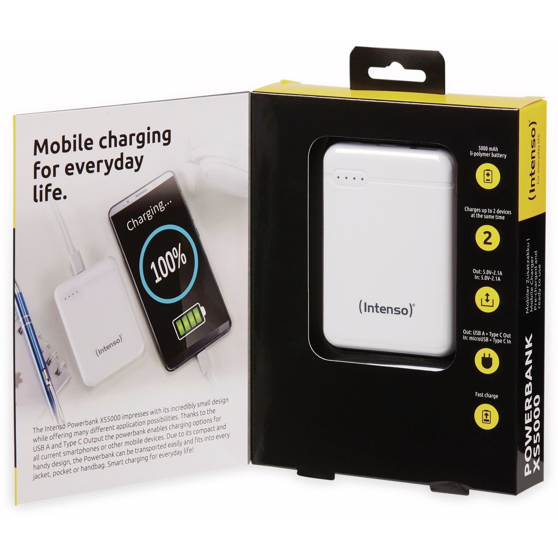 Powerbank in een doos, met tekst: Mobiel opladen voor het dagelijks leven.