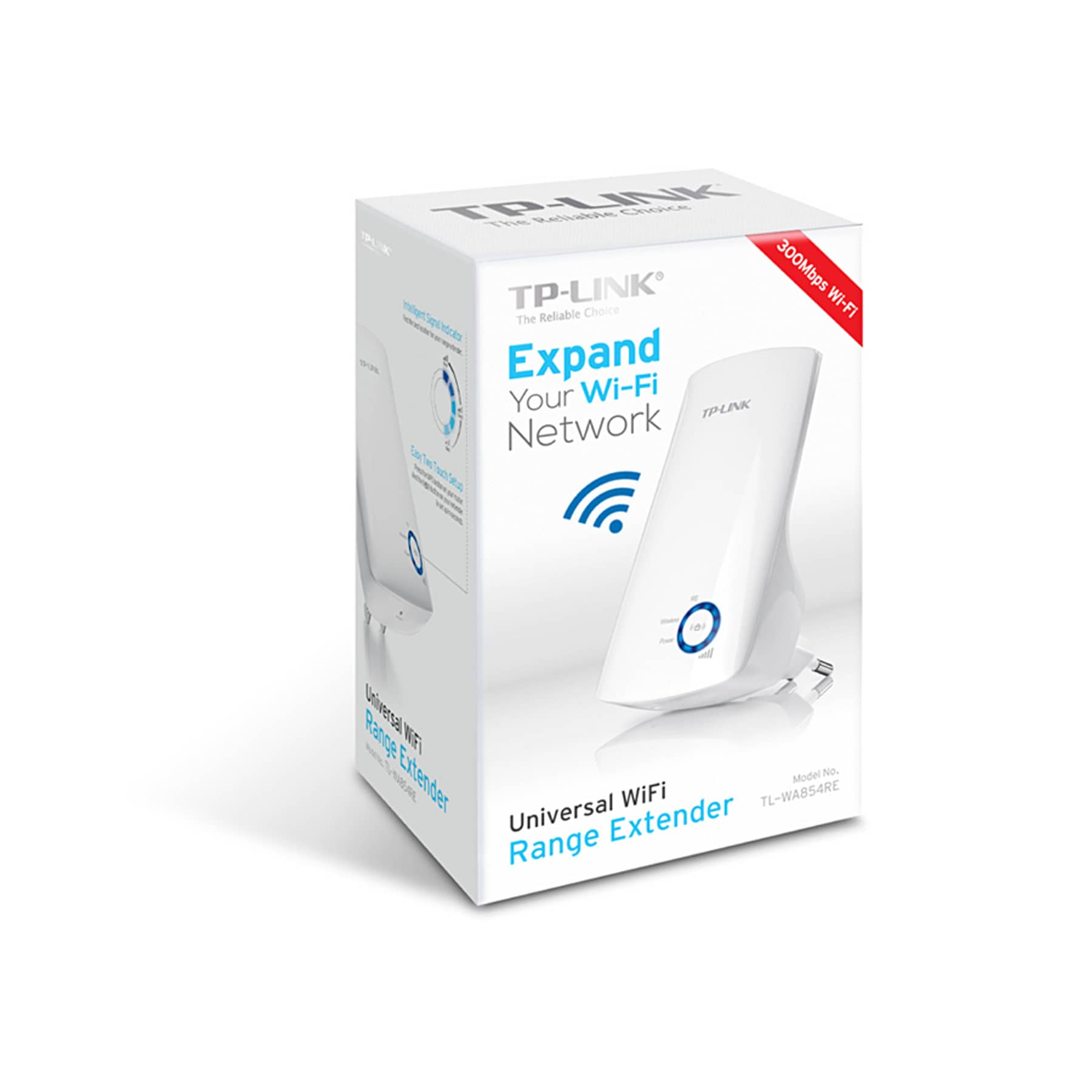 Białe pudełko z przedłużaczem Wi-Fi. Jest białe z czarnym tekstem. Symbol Wi-Fi znajduje się na pudełku.