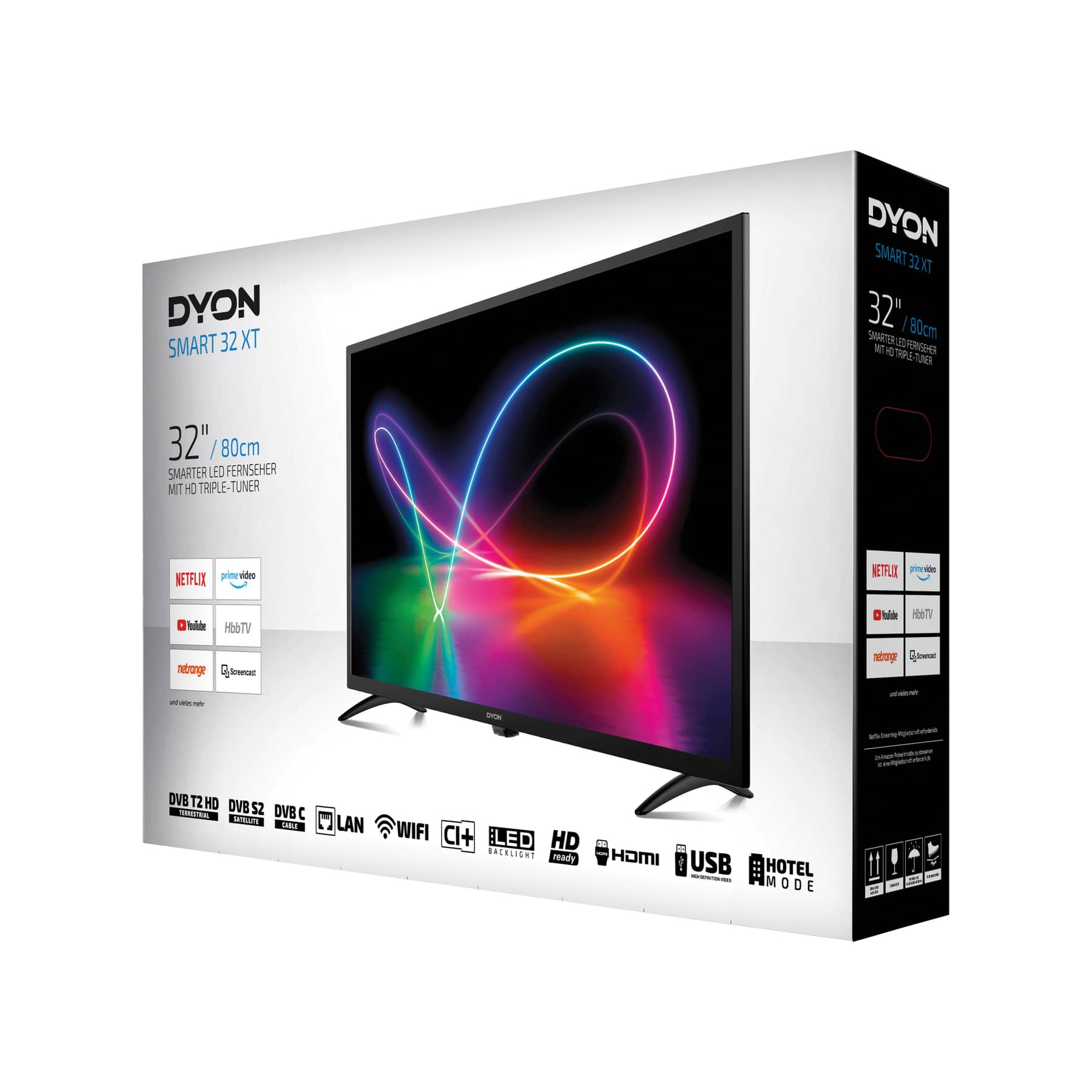 Ein TV-Karton zeigt einen Fernseher. Der Fernseher hat einen farbenfrohen Bildschirm. Text und Logos sind auf der Box.