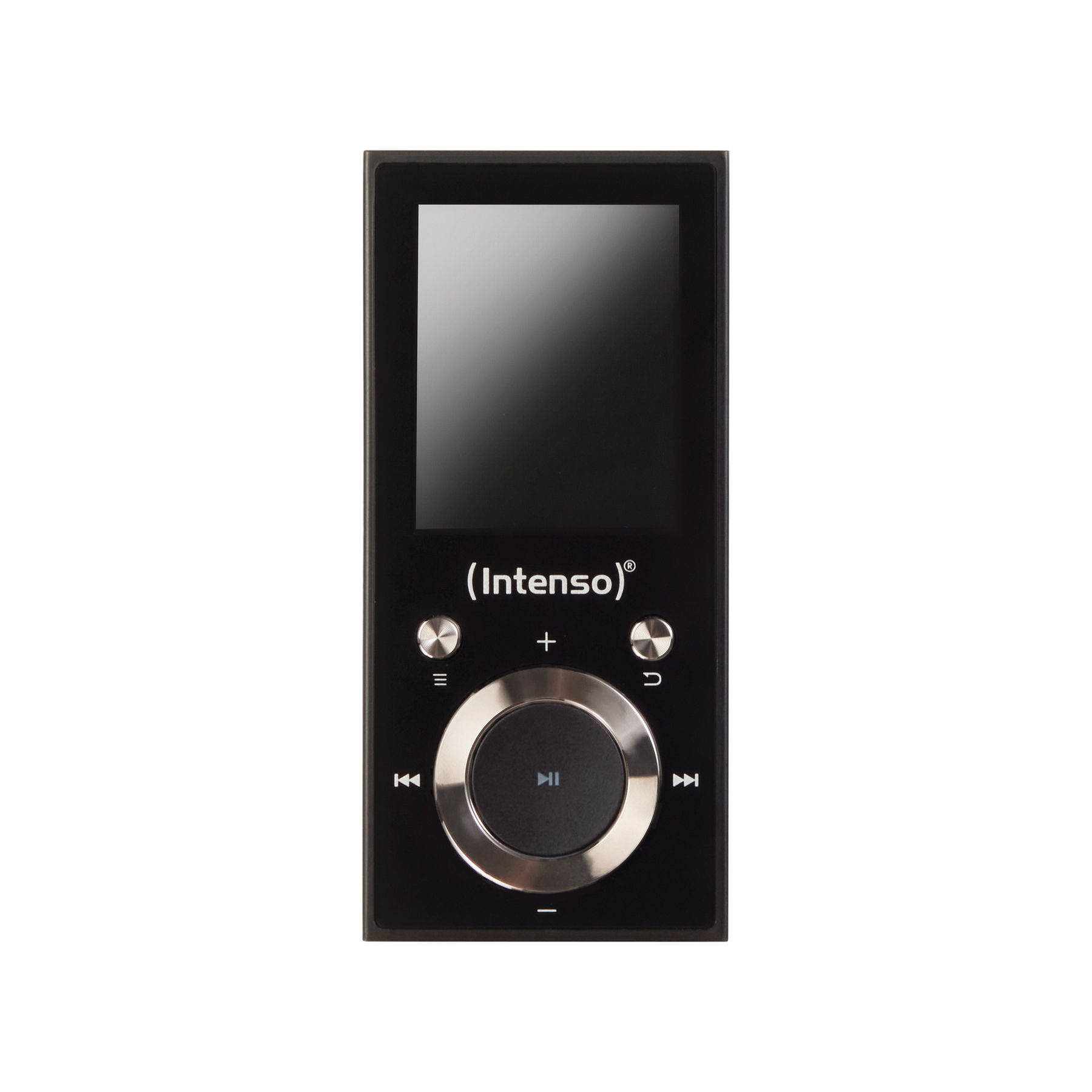 Schwarzer MP3-Player mit Knöpfen und Bildschirm. Markenname (Intenso) sichtbar.