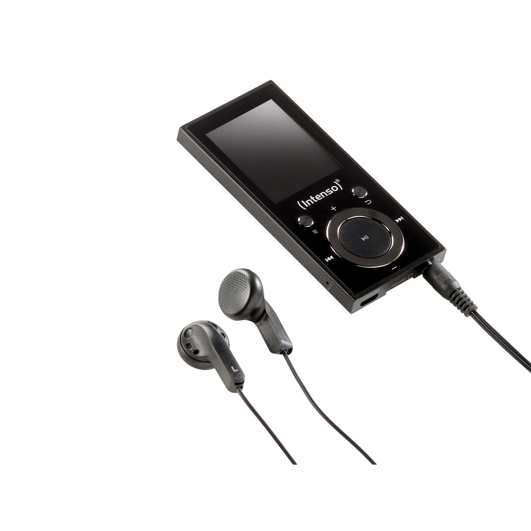 Schwarzer MP3-Player mit Bildschirm und angeschlossenen schwarzen Ohrhörern auf weißem Hintergrund.