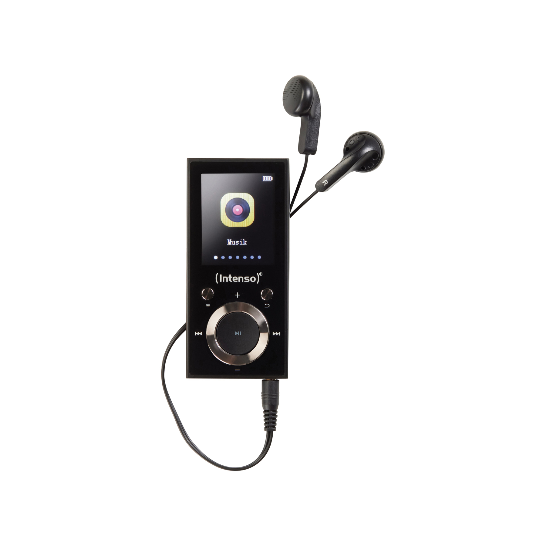 Schwarzer MP3-Player mit Kopfhörern, Bildschirm zeigt Musiksymbol.