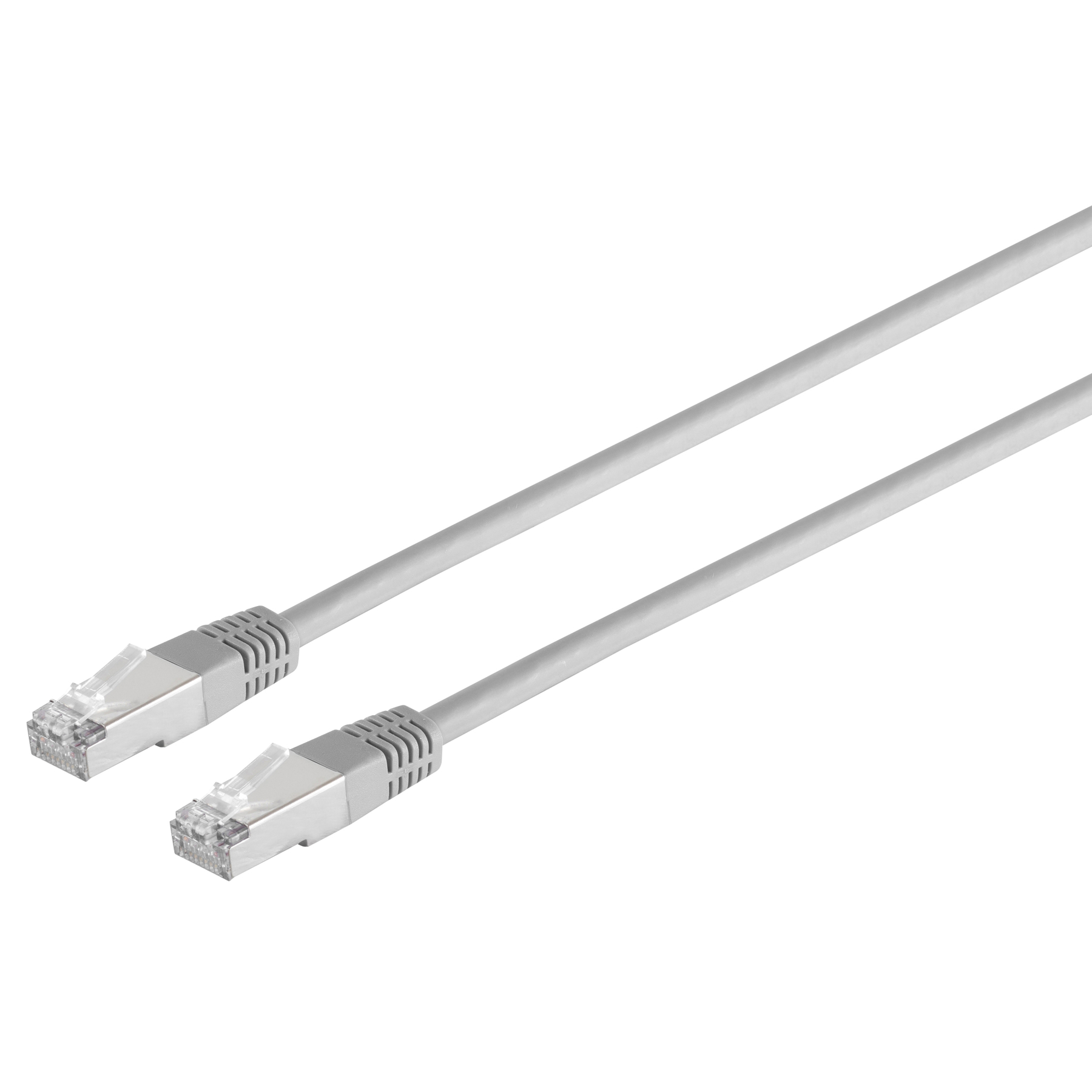 Zwei weiße Netzwerkkabel mit grauen Steckern. Sie liegen parallel auf weißem Grund.