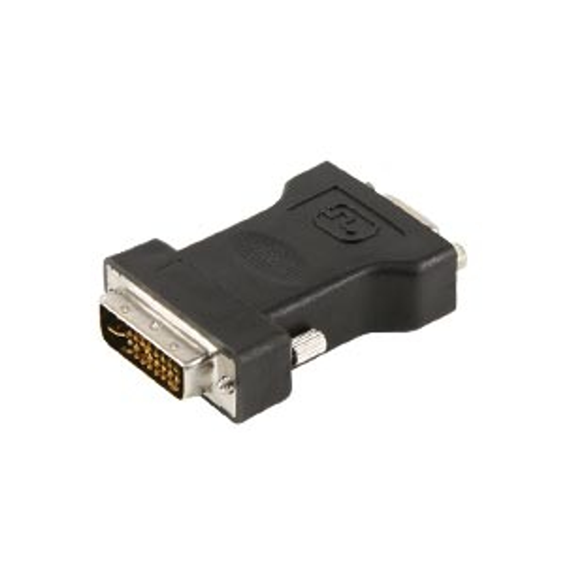 Czarny adapter DVI na VGA. Ma prostokątny kształt ze srebrnymi złączami.