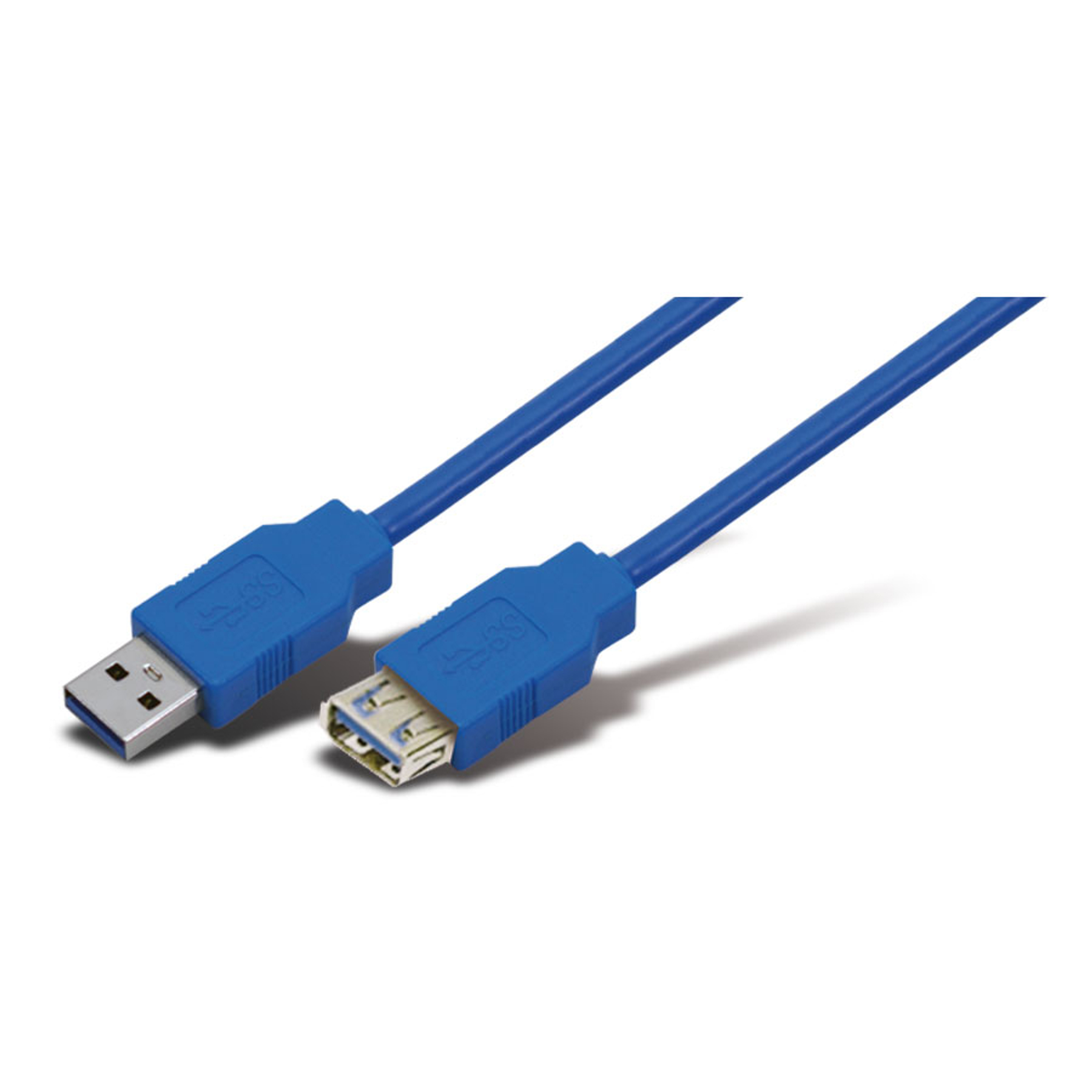 Cavo USB blu con due connettori su sfondo bianco. Uno è USB-A, l'altro USB-3.