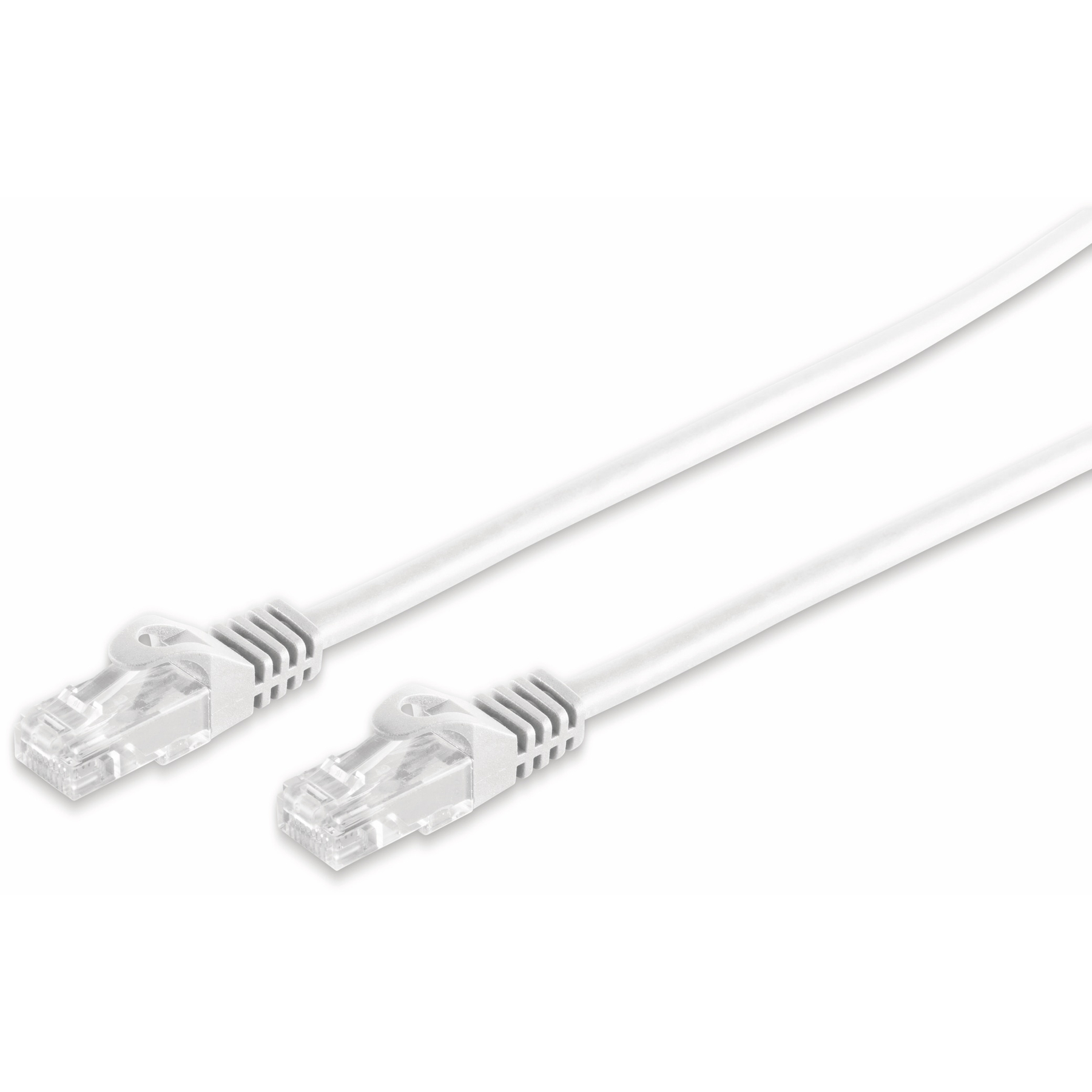 Zwei weiße Ethernet-Kabel mit Steckern auf weißem Hintergrund.