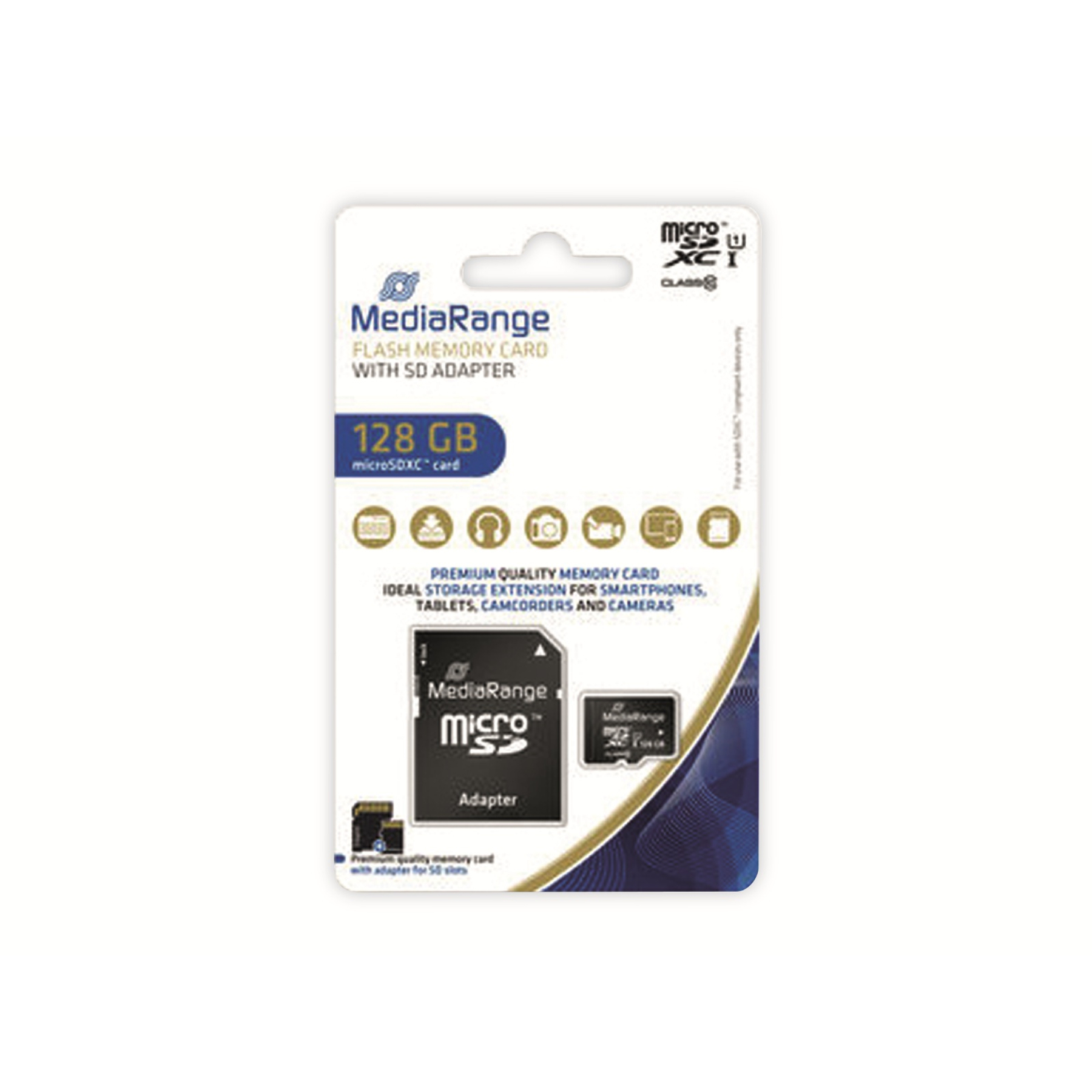 MediaRange 128 GB microSDXC-Karte mit SD-Adapter. Verpackung mit Produktdetails auf weißem Hintergrund.