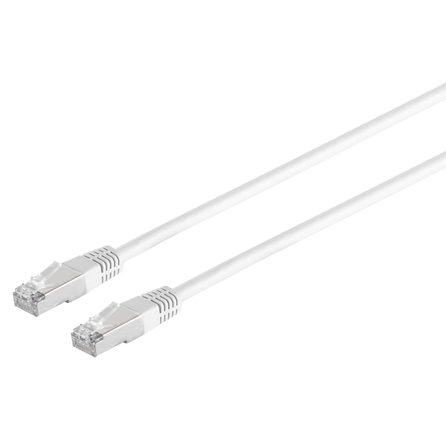 Due cavi Ethernet bianchi con connettori RJ45 su sfondo bianco.