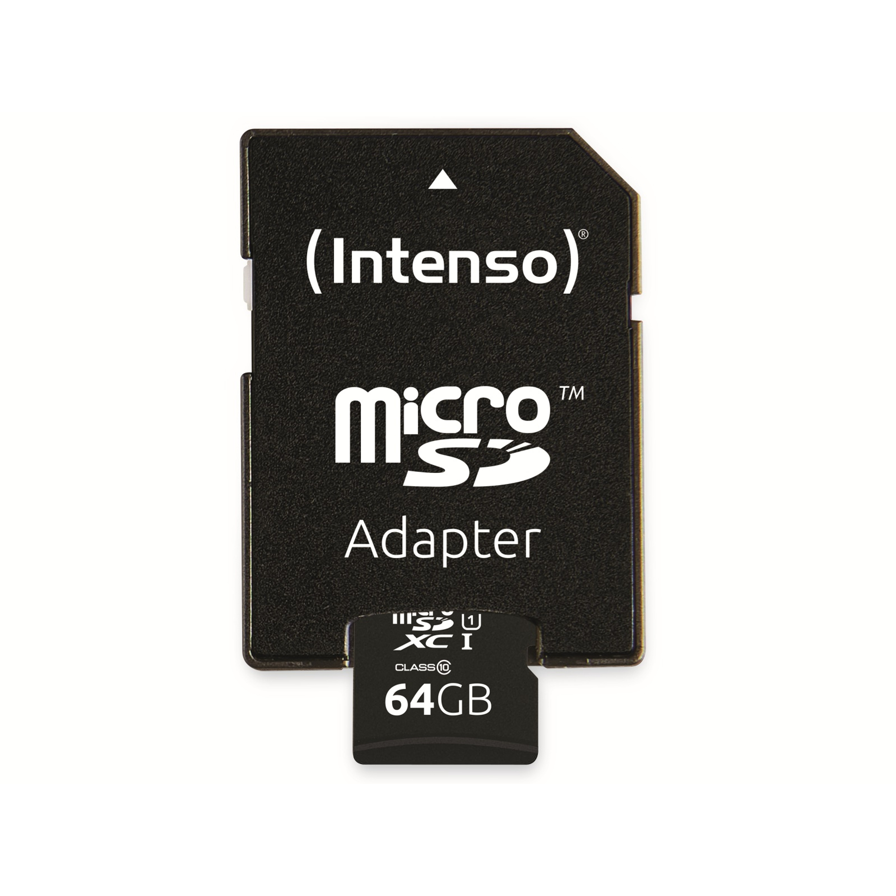 Ein schwarzer Micro-SD-Adapter mit einer Micro-SD-Karte. Weißer Hintergrund.