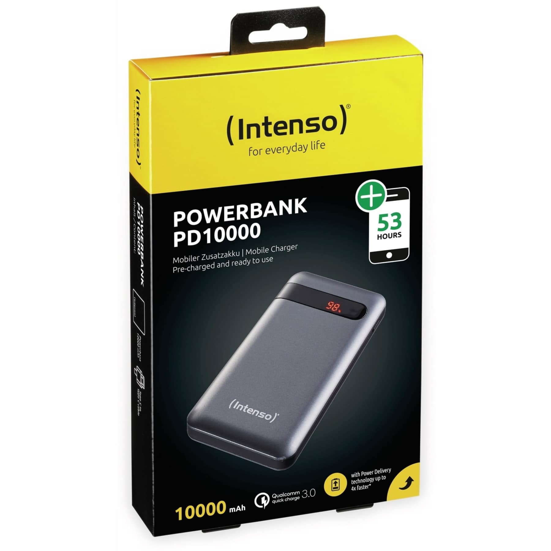 Ein graues Intenso Powerbank PD10000 in einer Box mit einer Anzeige, die den Prozentsatz zeigt.