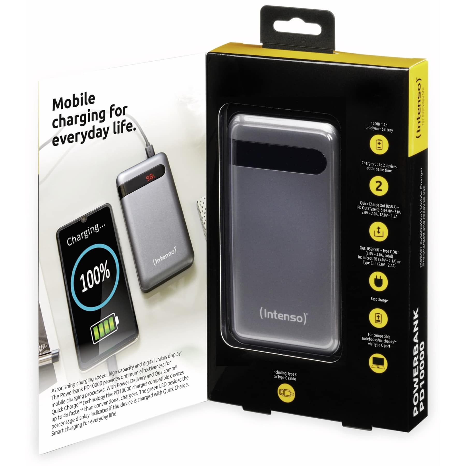 Powerbank in einer Box, mit einem Telefon, das aufgeladen wird, der Batteriestatus wird angezeigt.