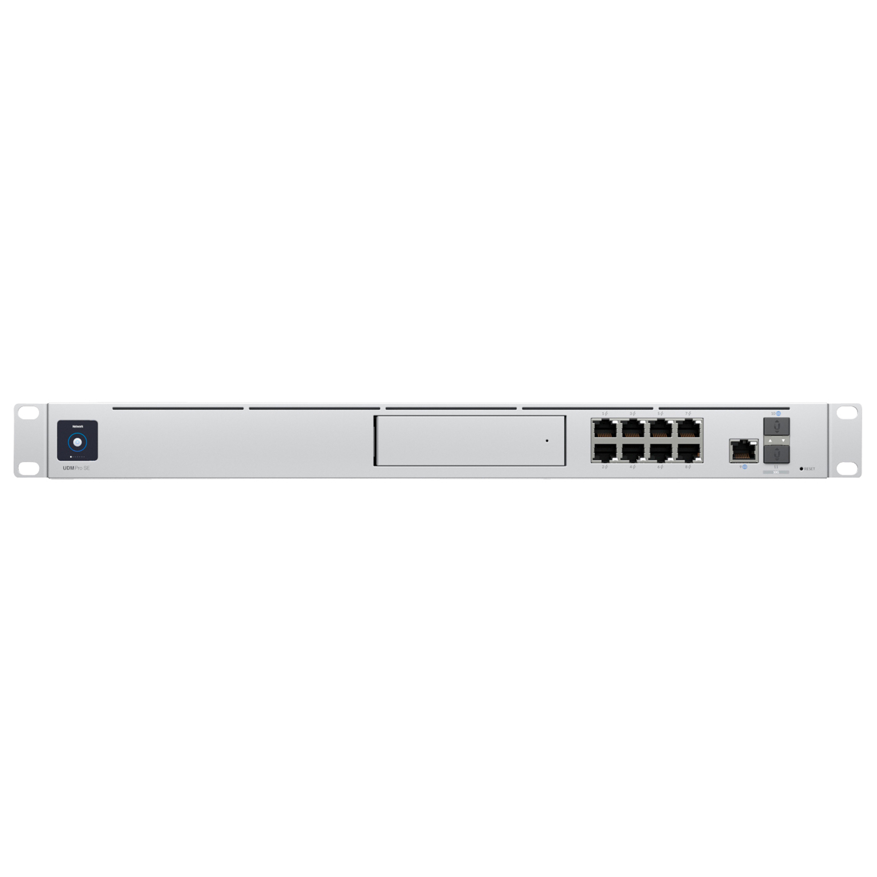 Silbernes Rack-Gerät mit mehreren Anschlüssen und einem Display. Netzwerkgerät mit vielen Anschlüssen.
