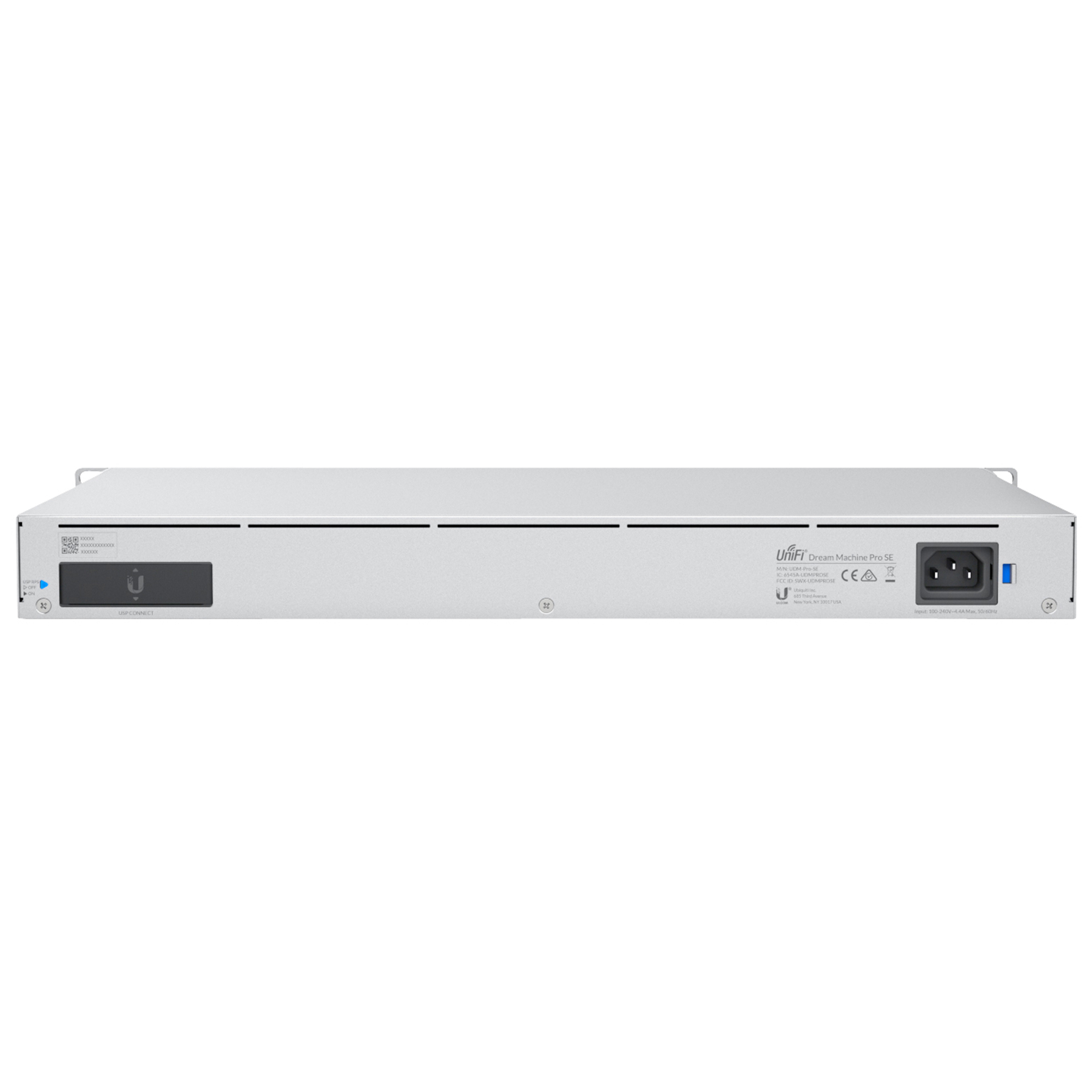 Silbernes Ubiquiti Dream Machine Pro SE Netzwerkgerät, Rückansicht.