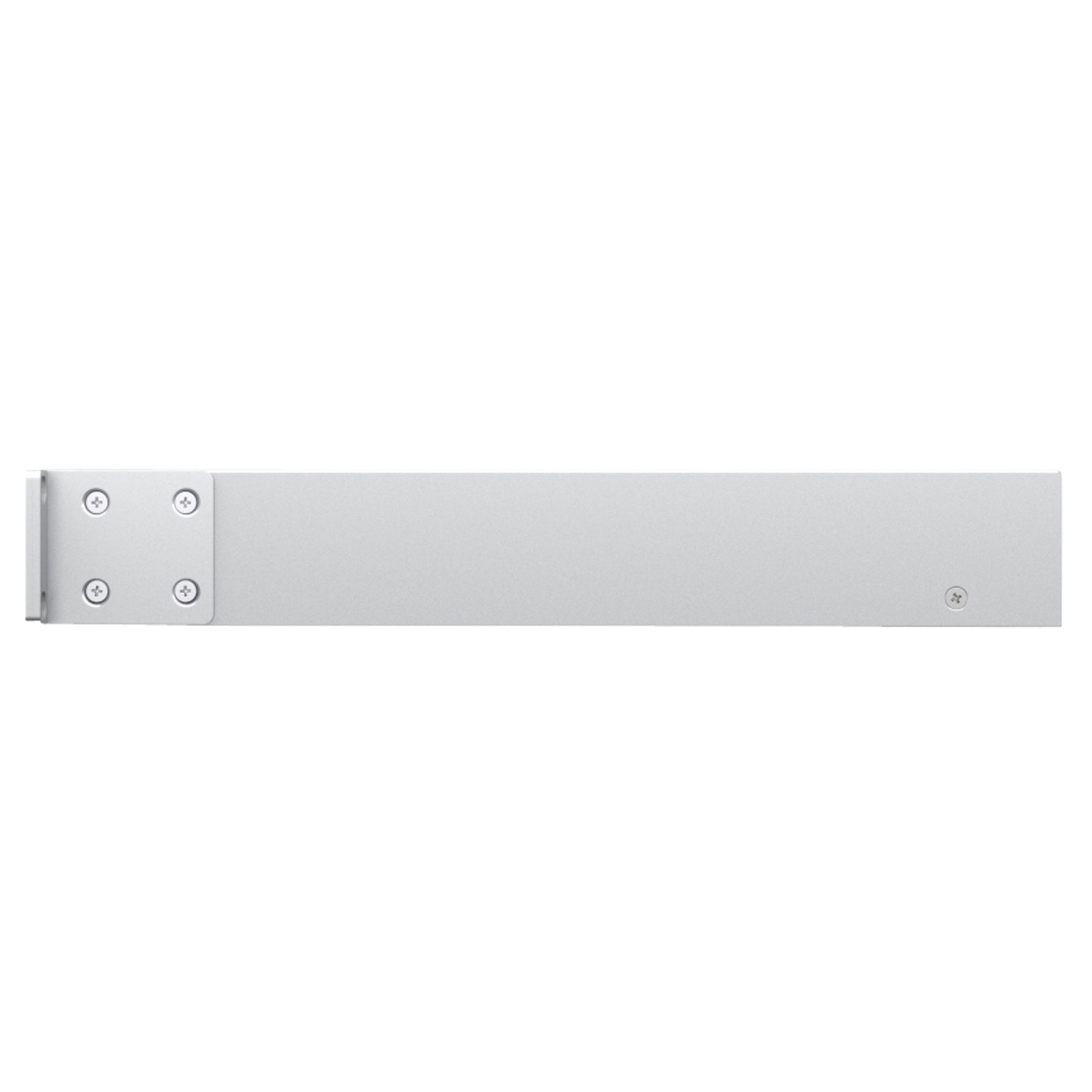 Ein silbernes Server-Rack-Komponente mit vier Schrauben auf einer Seite und einer glatten Oberfläche.