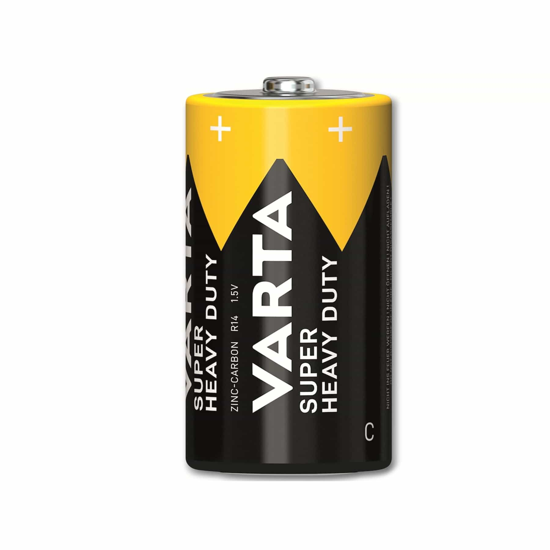 Eine Varta Super Heavy Duty Batterie auf weißem Hintergrund. Die Batterie ist gelb und schwarz.