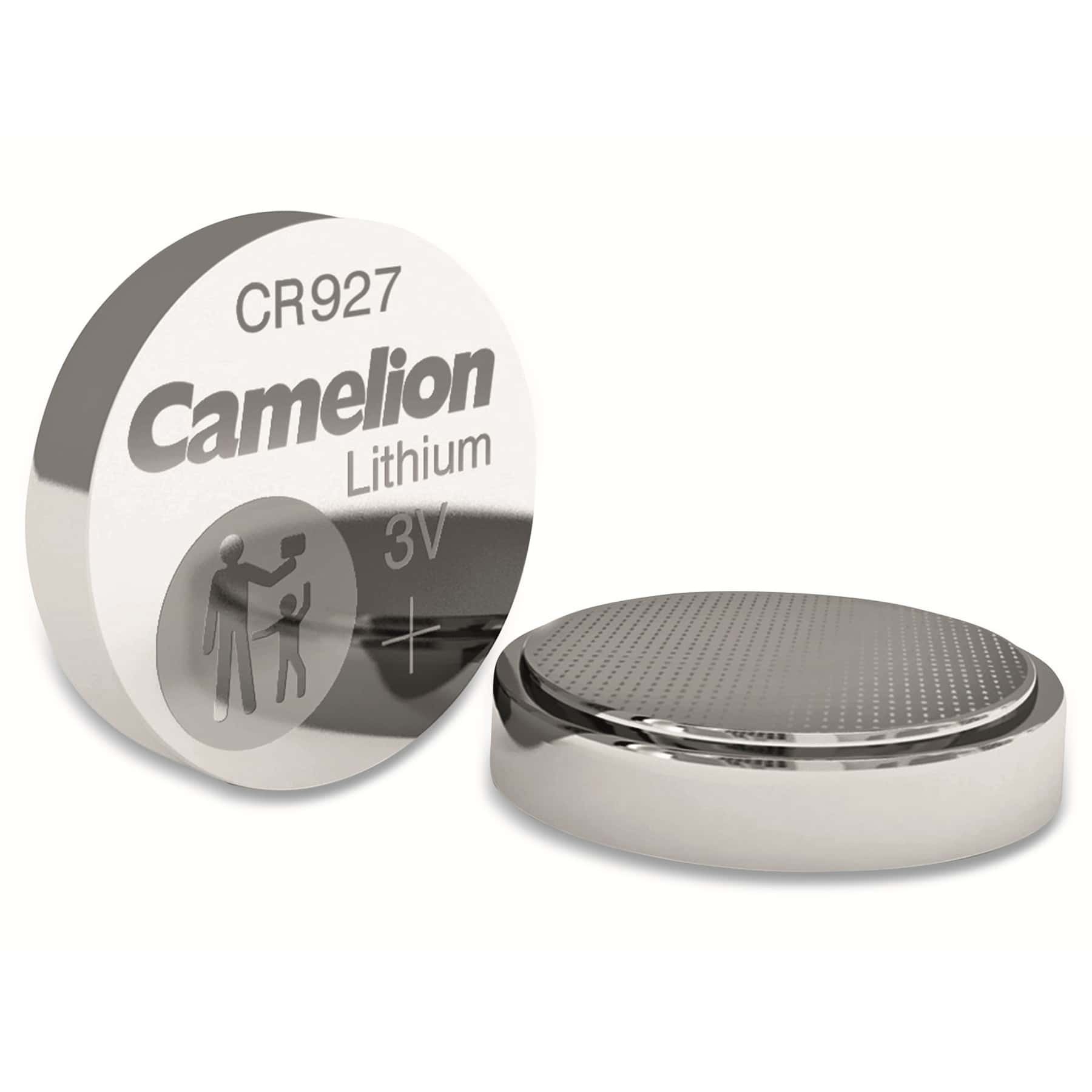 Due batterie CR927 Camelion. Una in piedi e una piatta. Argento e bianco con testo.