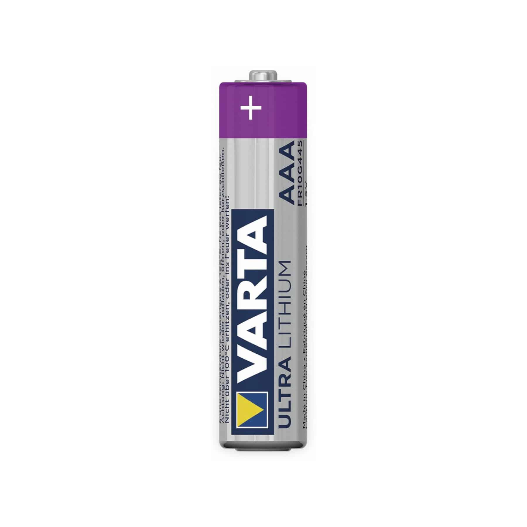 AAA Varta Ultra Lithium battery, purple and silver. Positive end marked with a plus sign.