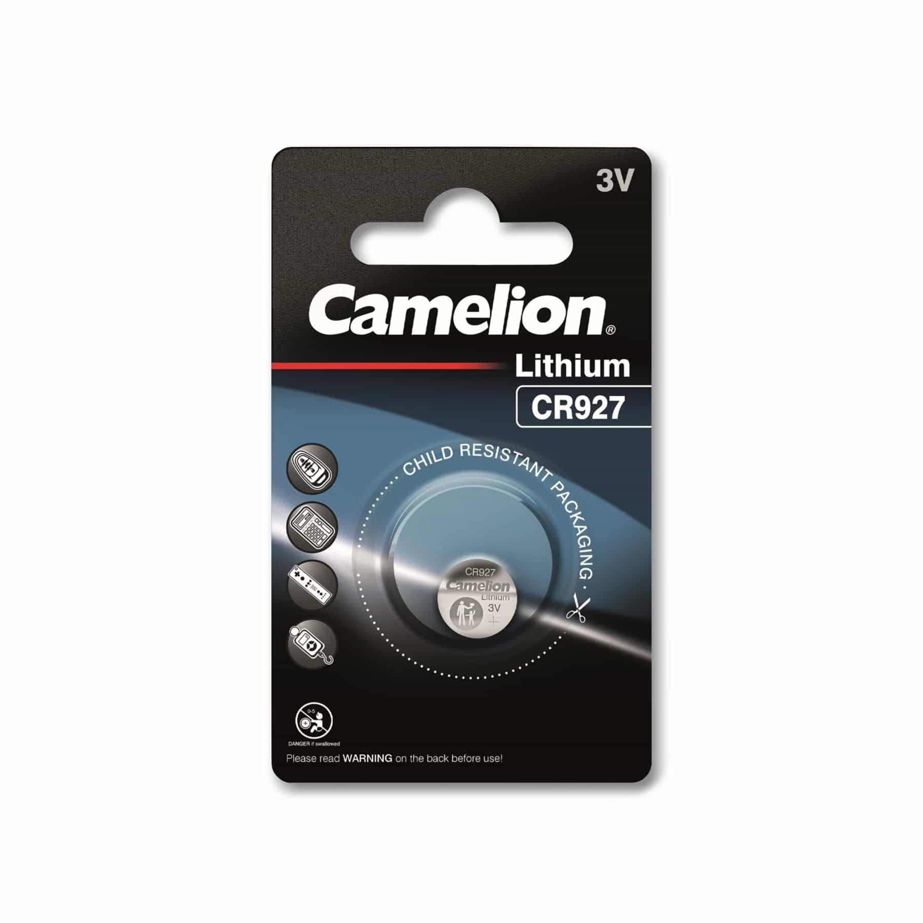 Una confezione di batterie Camelion CR927. Nero e bianco con testo e icone, e un foro.