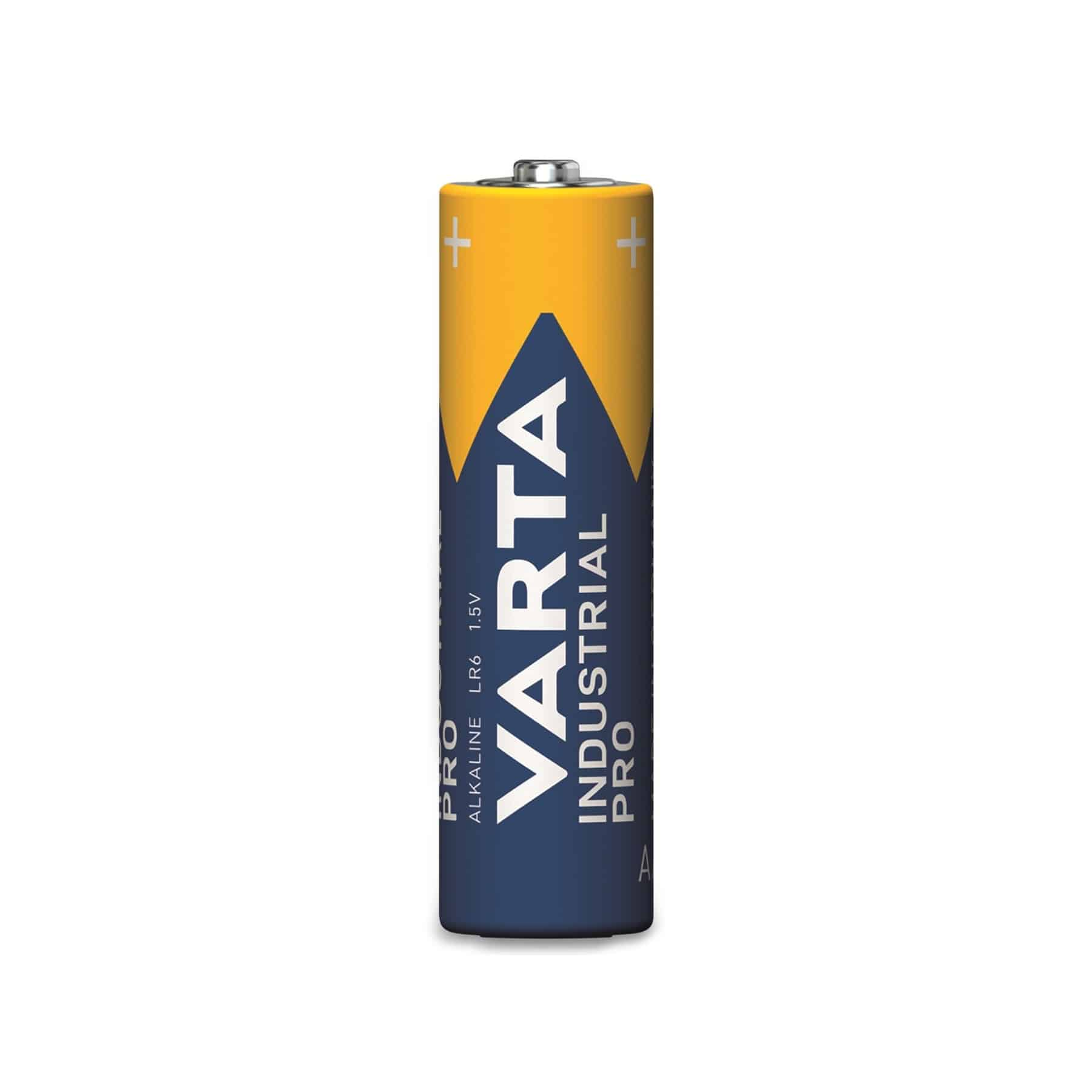 Una singola batteria Varta Industrial Pro, gialla e blu, con testo e un simbolo più visibile.