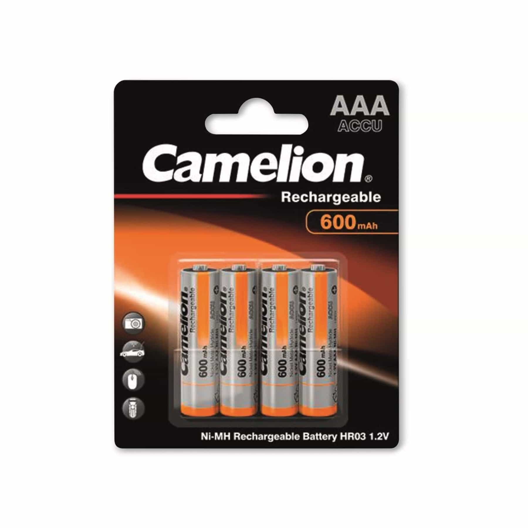 Opakowanie czterech akumulatorów AAA na białym tle, z marką.