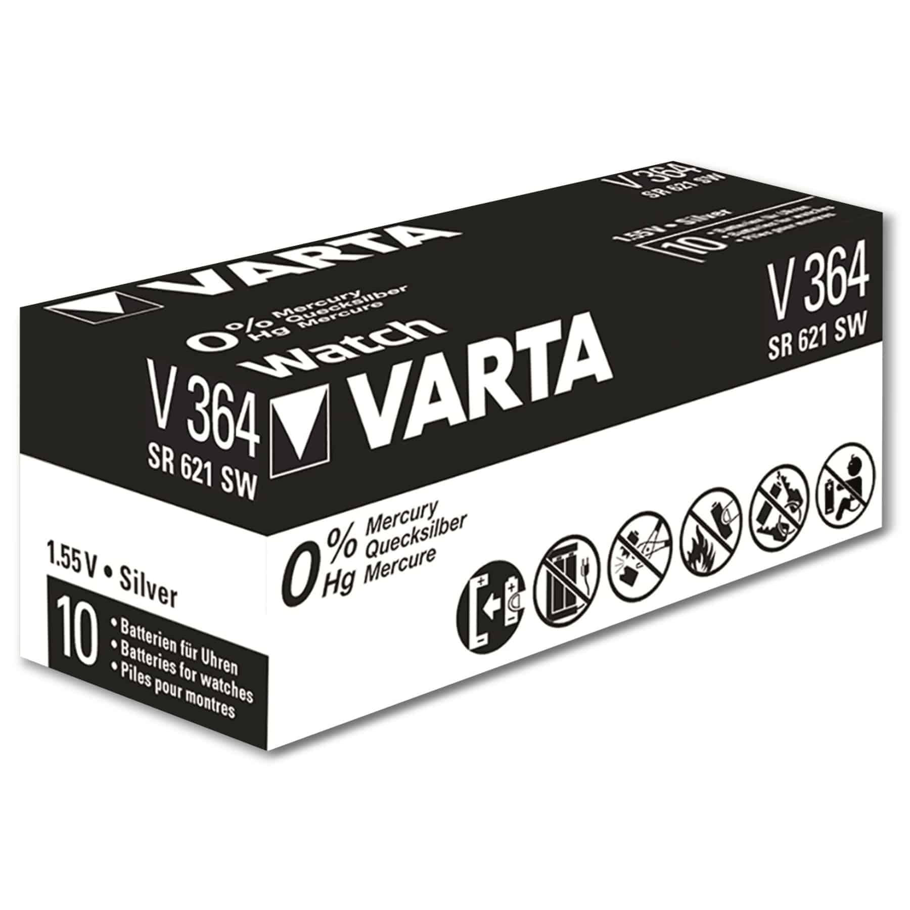 Czarno-białe pudełko na baterie Varta z symbolami ostrzegawczymi.