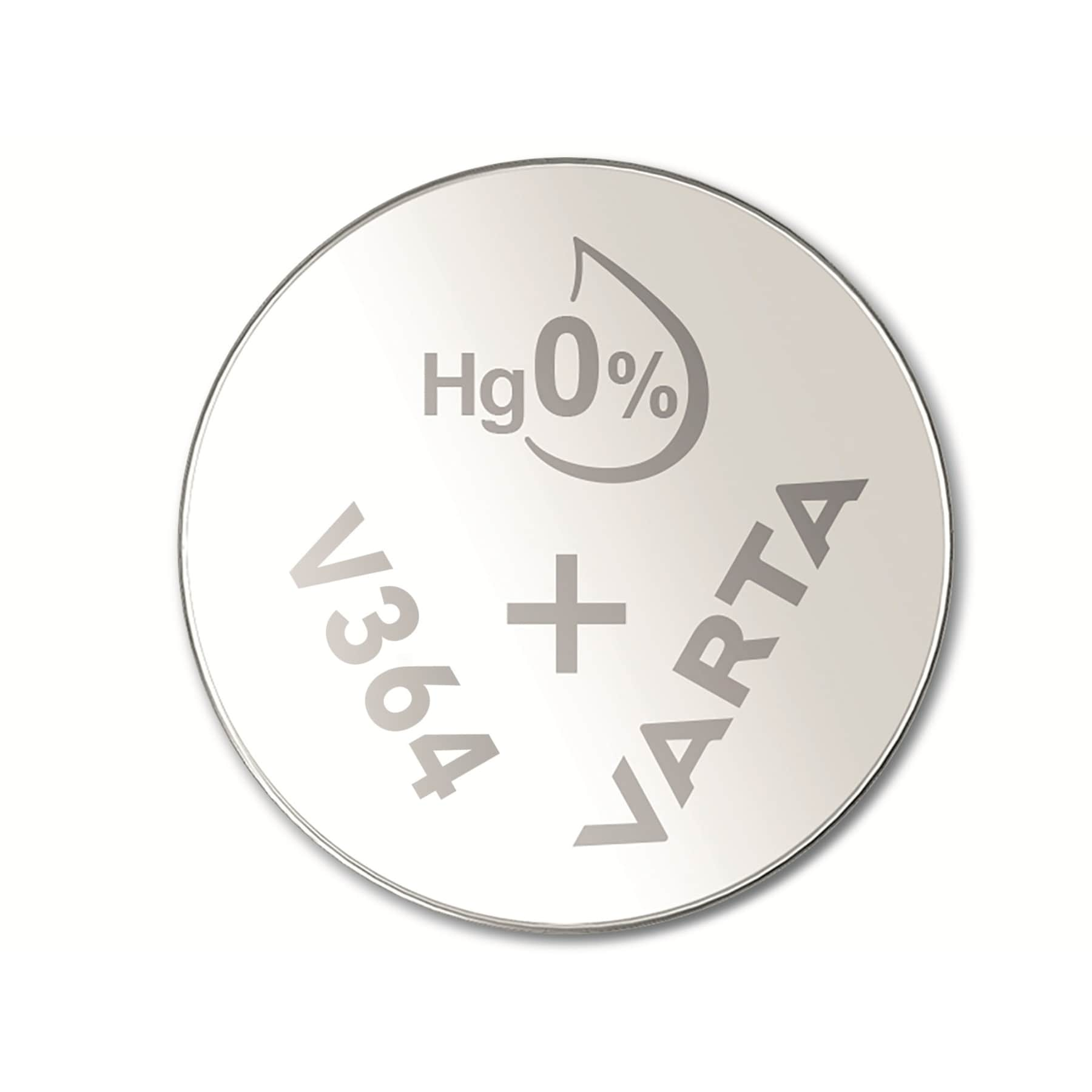Srebrna okrągła bateria z tekstem V364 i VARTA. Znak Hg 0%. Białe tło.