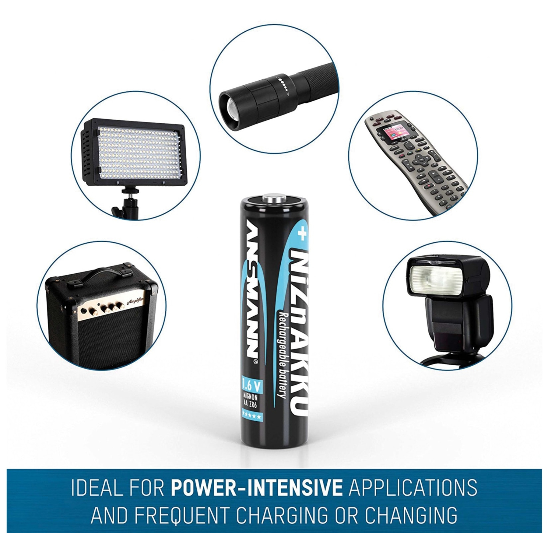 Bateria otoczona latarką, pilotem, lampą błyskową i wzmacniaczem.