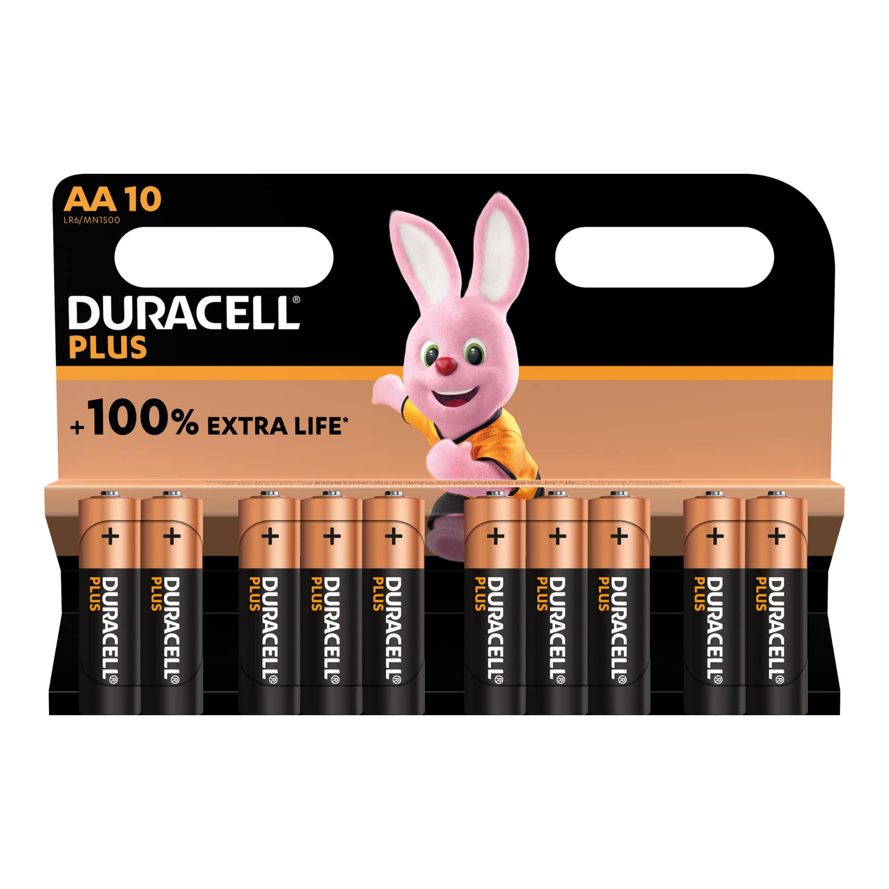 Duracell Plus AA Batterien in einer Packung. Rosa Bunny-Grafik. Brauner und weißer Hintergrund.