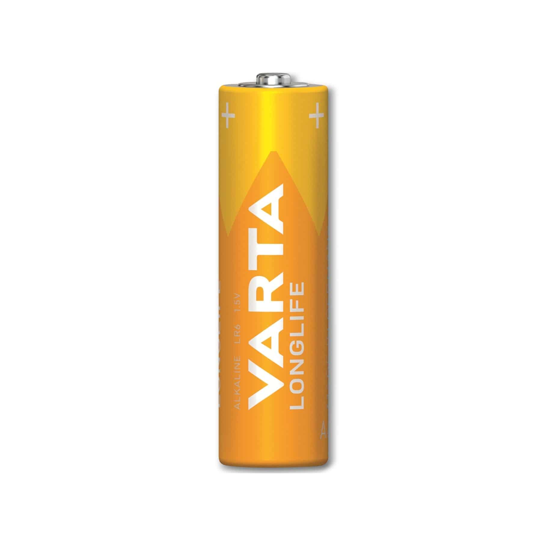 Batteria gialla con la scritta "VARTA" e "LONGLIFE". Ha dei segni più in alto.
