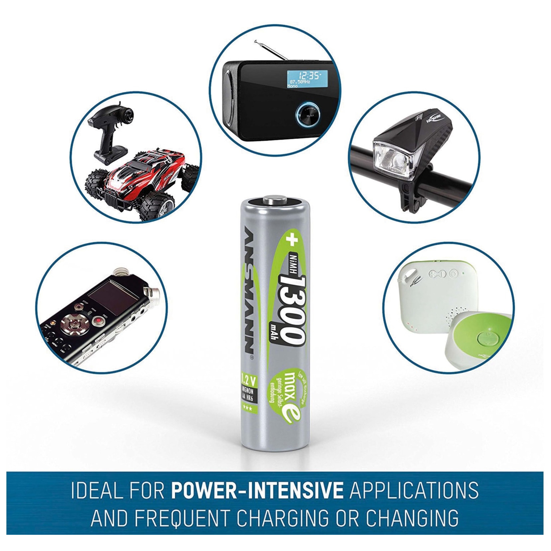 Bateria AA otoczona małymi urządzeniami elektronicznymi. Tekst mówi 'ANSMANN 1300 max e' i '1.2V'.