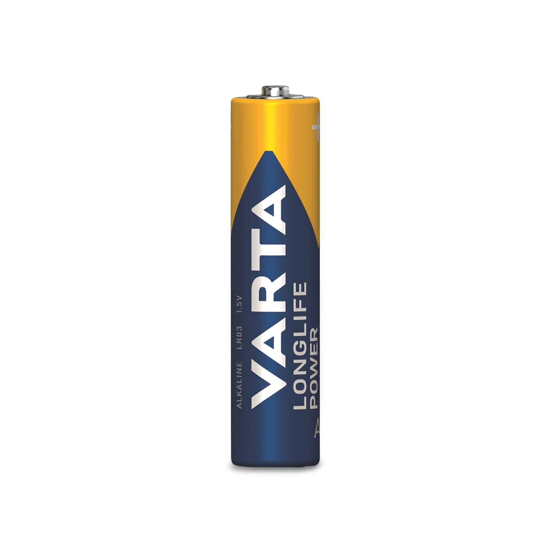 Batteria Varta Longlife, colore giallo e blu. Lo sfondo è bianco.