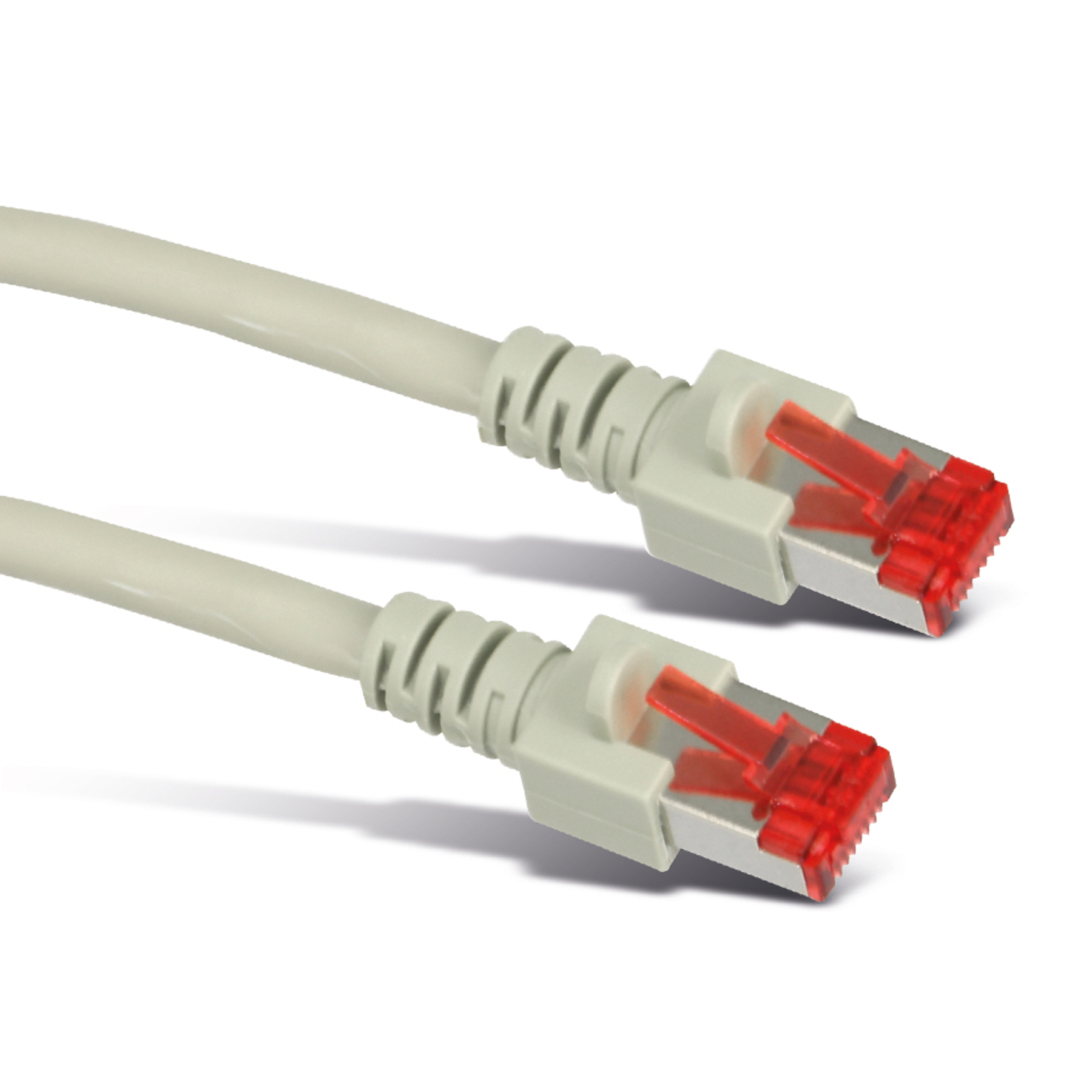 Dwa szare kable Ethernet z czerwonymi złączami.