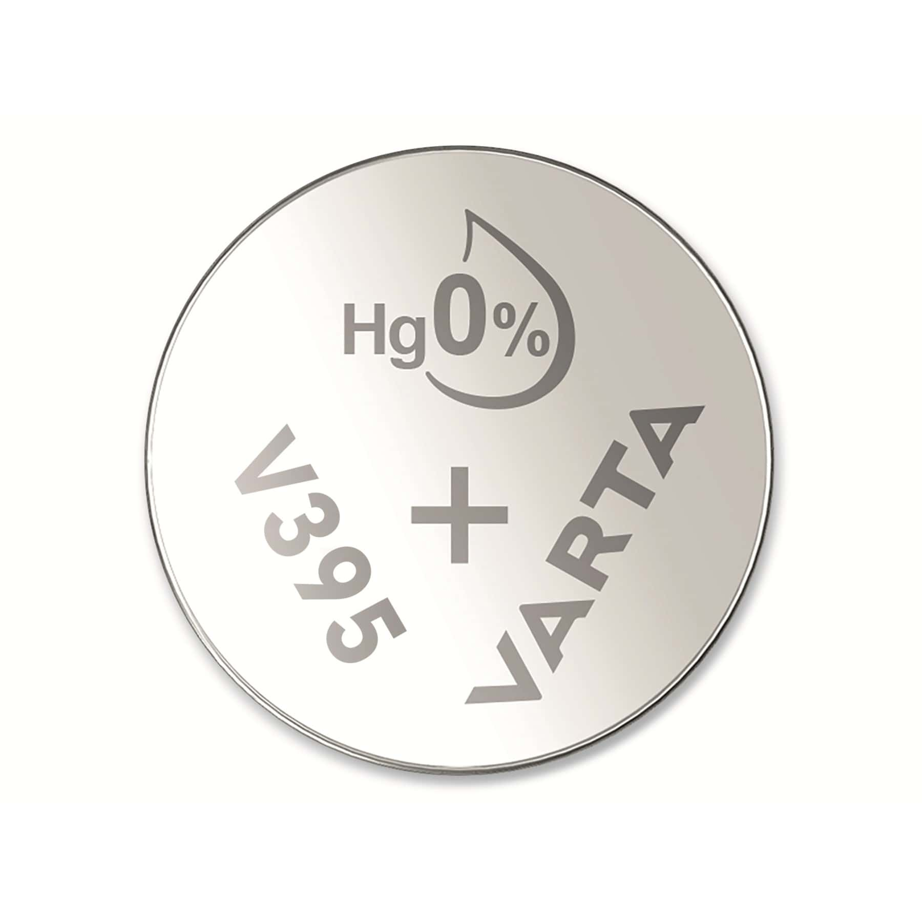 Una batteria Varta V395. La batteria ha il testo 'V395 + VARTA'.
