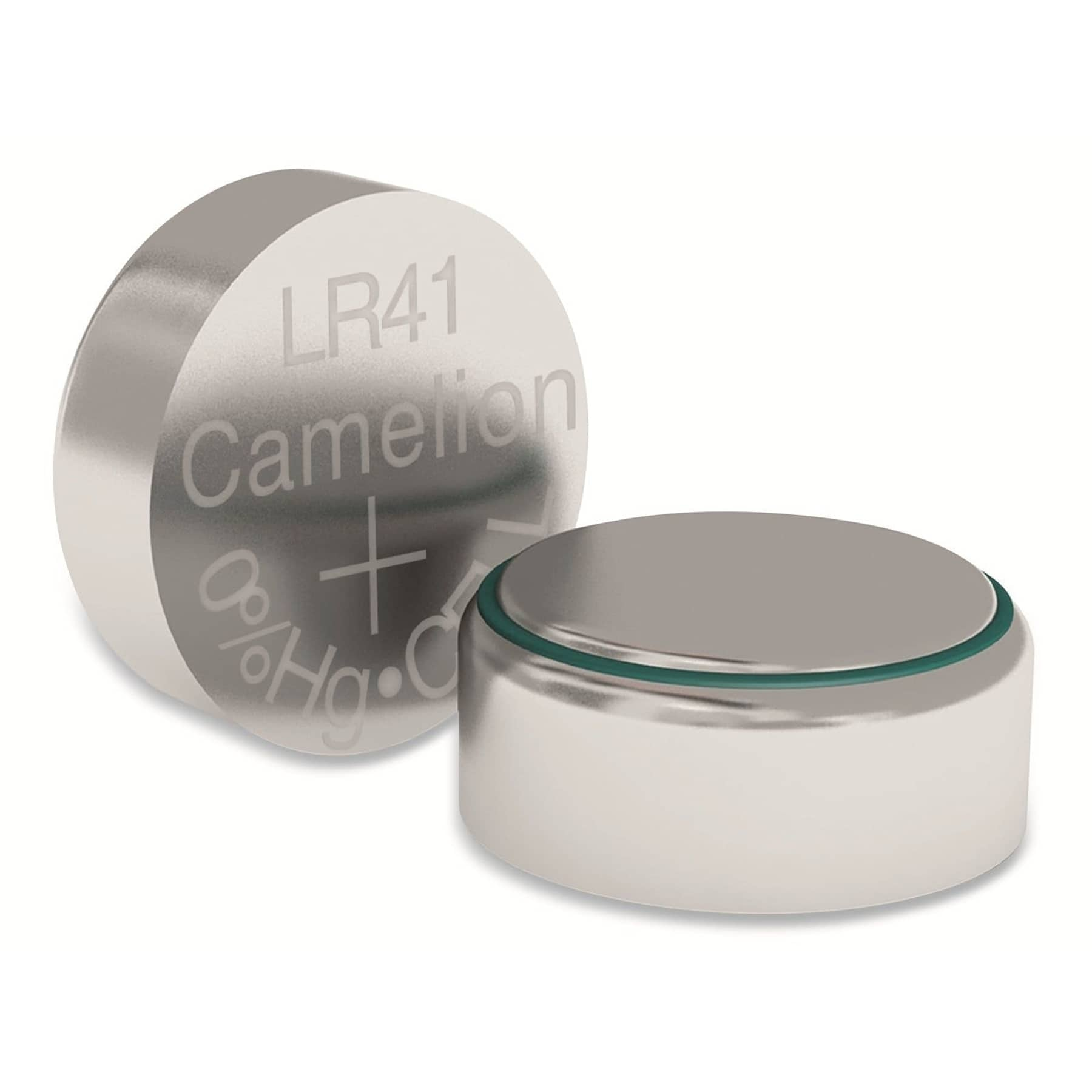 Dwie baterie pastylkowe z oznaczeniami: LR41, Camelion, Hg i znak plus.
