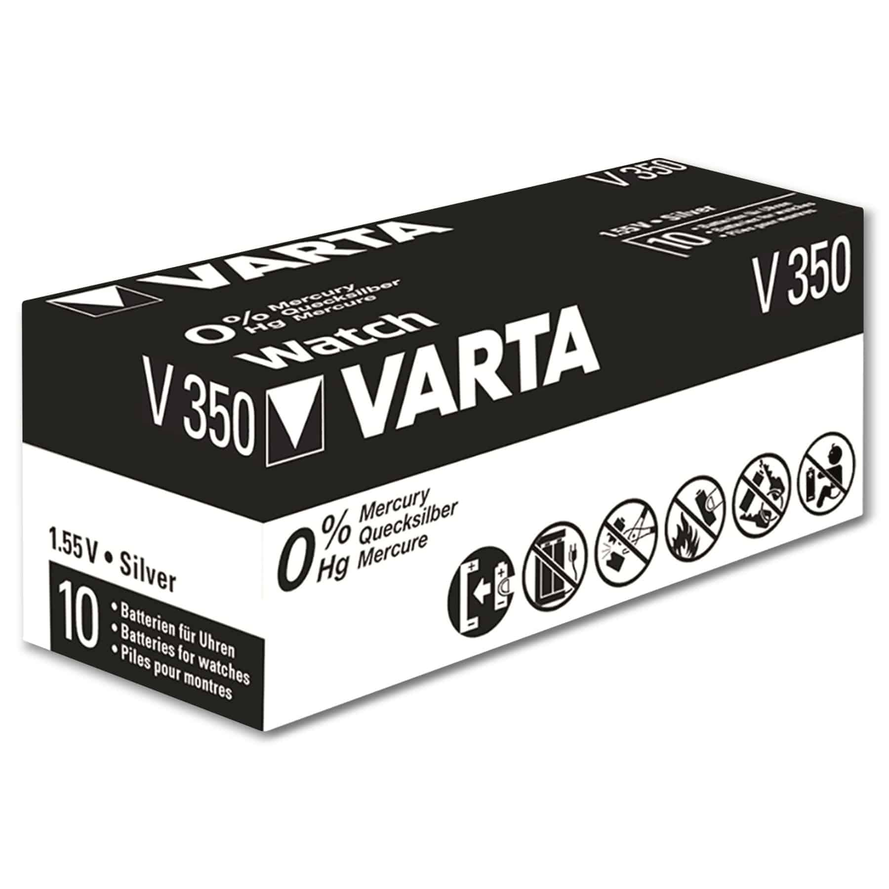 Scatola batterie per orologi VARTA. Bianco e nero. Testo: VARTA, V350, 1,55 V Argento, 10, Mercurio 0%.