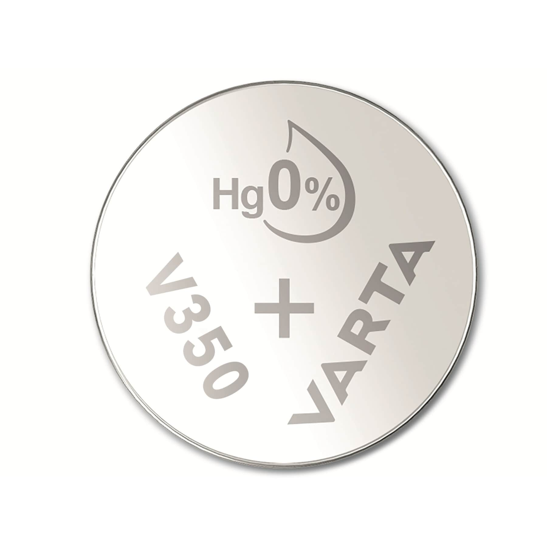 Una batteria rotonda argentata con testo: 'V350 + VARTA', e 'Hg 0%' sopra.