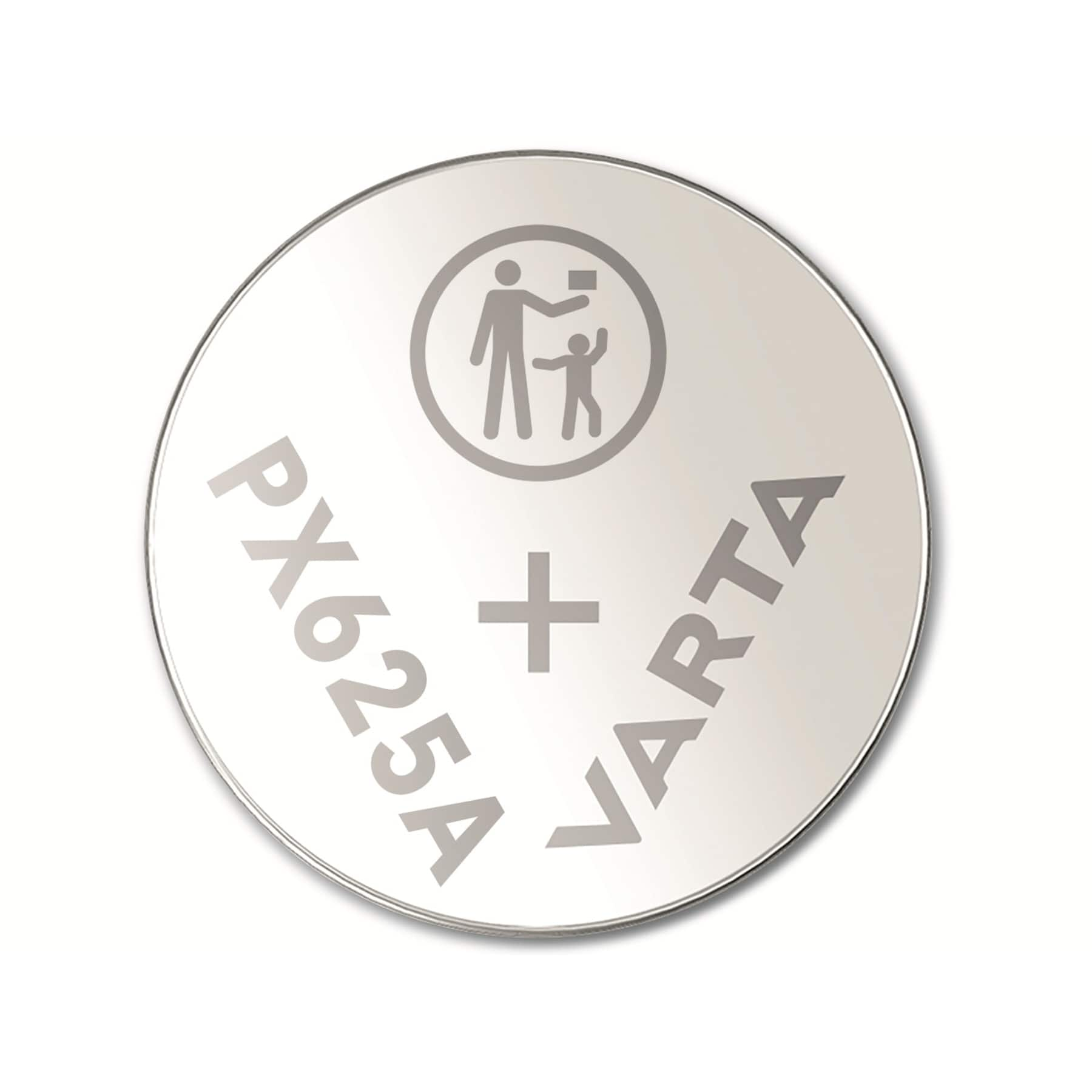 Een zilveren Varta PX625A batterij, rond met tekst en een veiligheidssymbool.