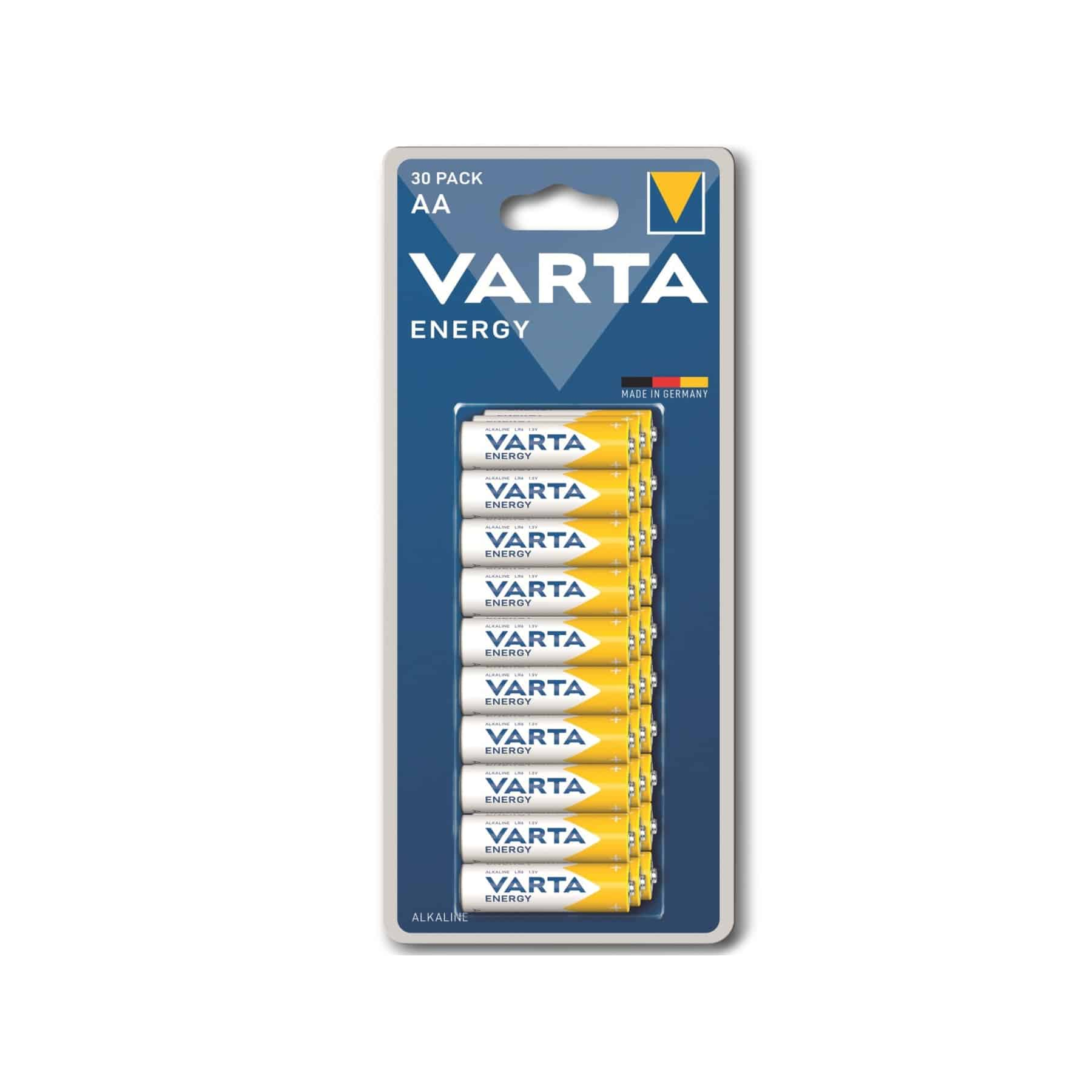 Opakowanie 30 baterii AA Varta Energy. Baterie są żółte i mają logo Varta.