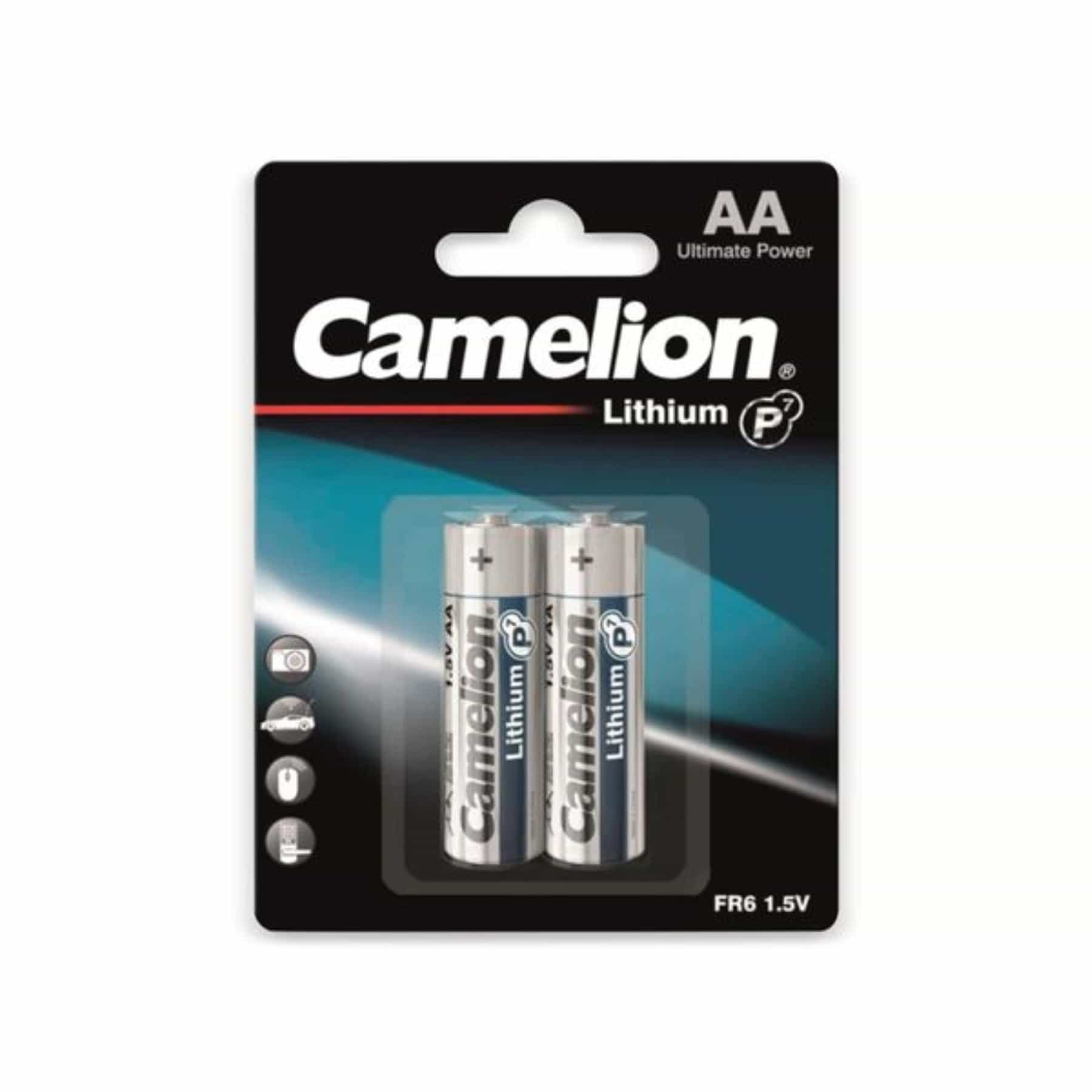 Confezione blister con due batterie AA Camelion al litio.